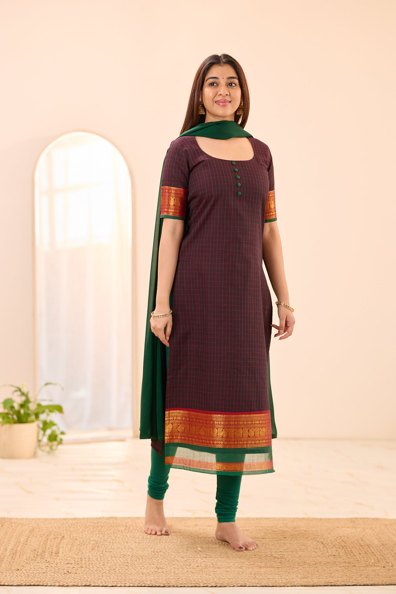 Dark Coffee Brown Checks with Rust Orange Zari Border Chettinad Top and Dupatta