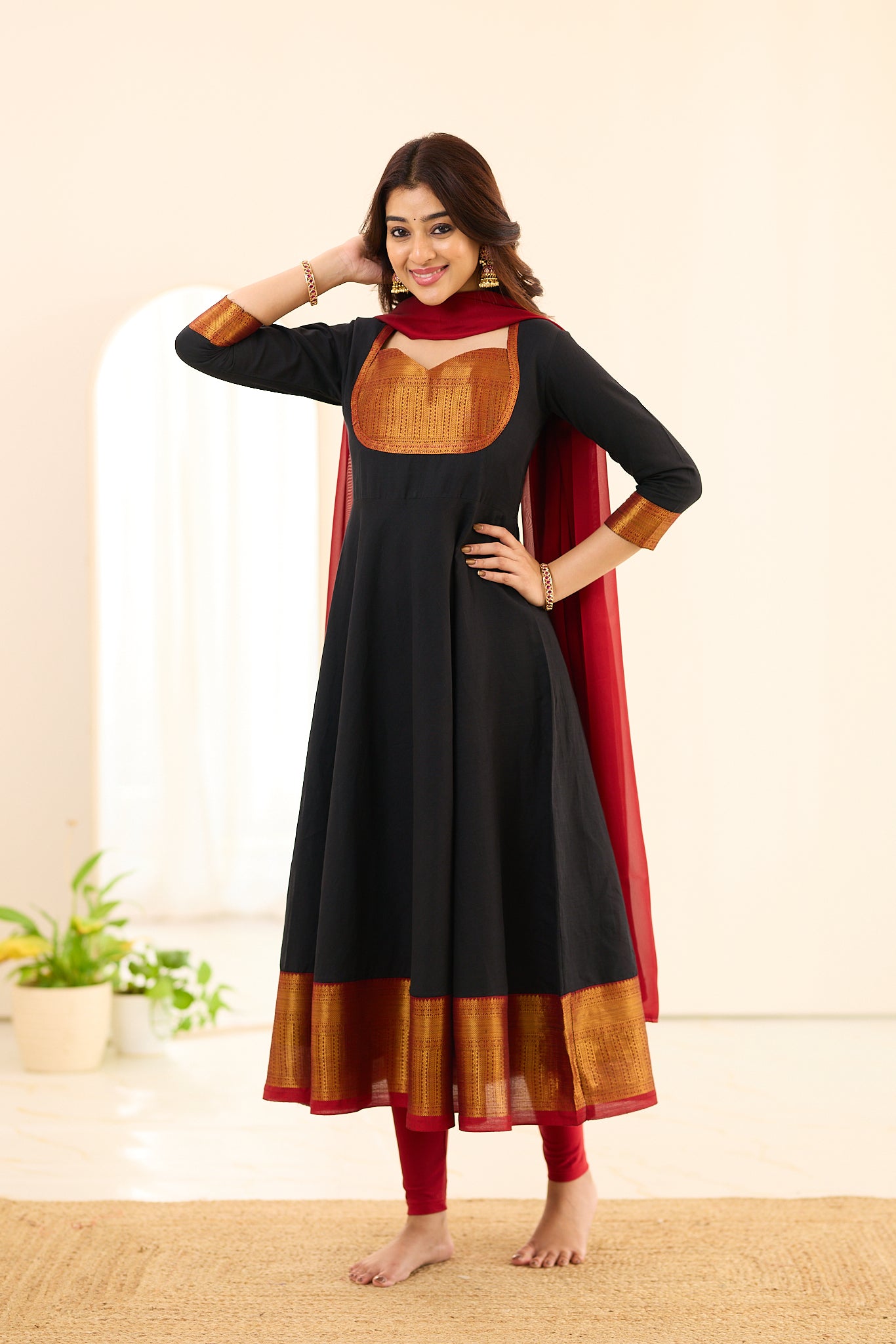 Classic Black with Rust Gold Weave Border Chettinad Cotton Anarkali