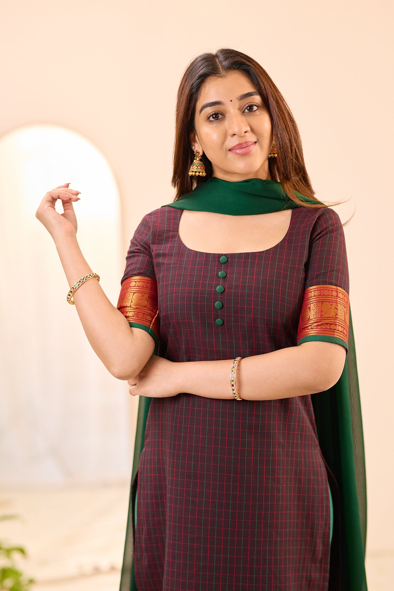 Dark Coffee Brown Checks with Rust Orange Zari Border Chettinad Top and Dupatta
