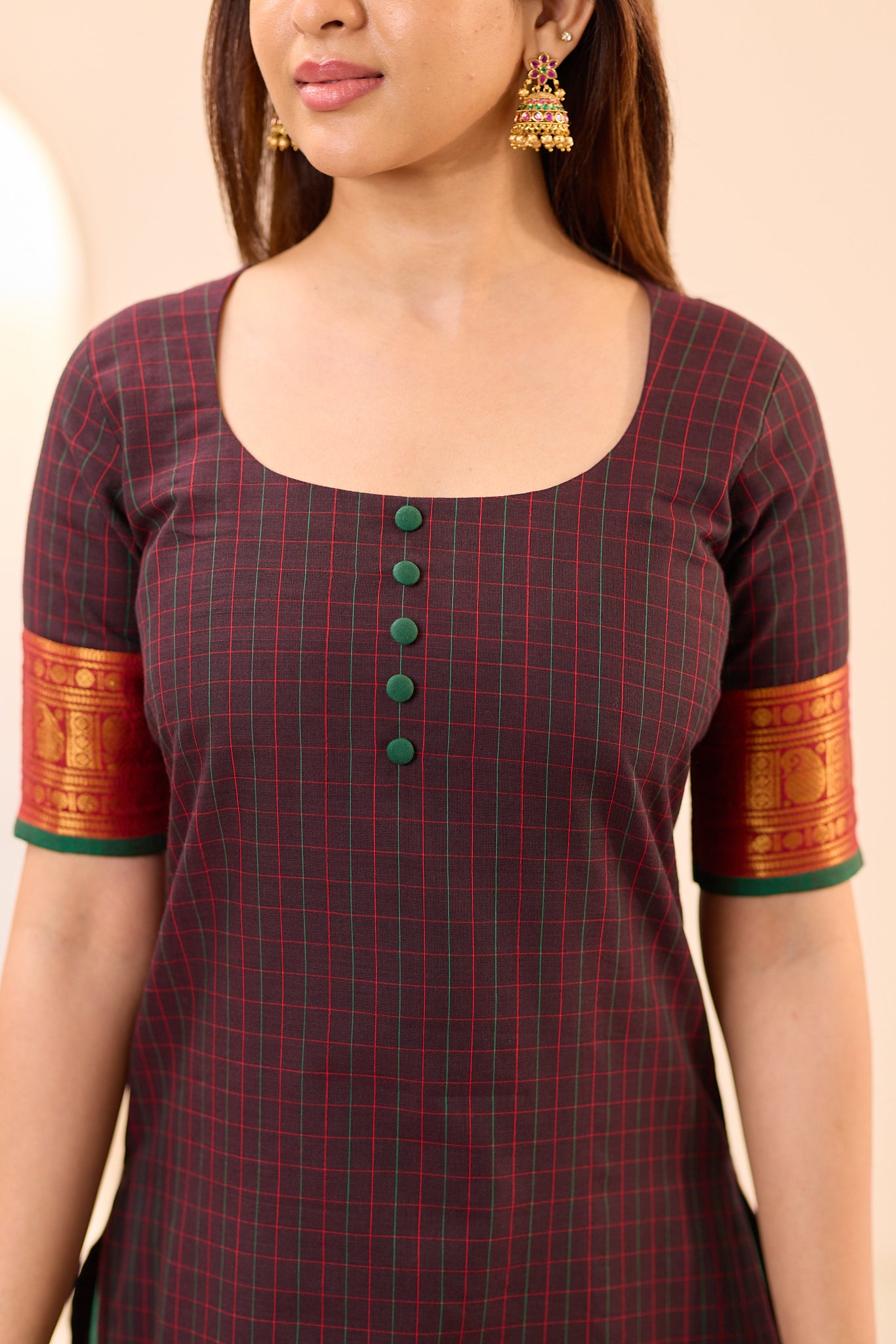 Dark Coffee Brown Checks with Rust Orange Zari Border Chettinad Top and Dupatta