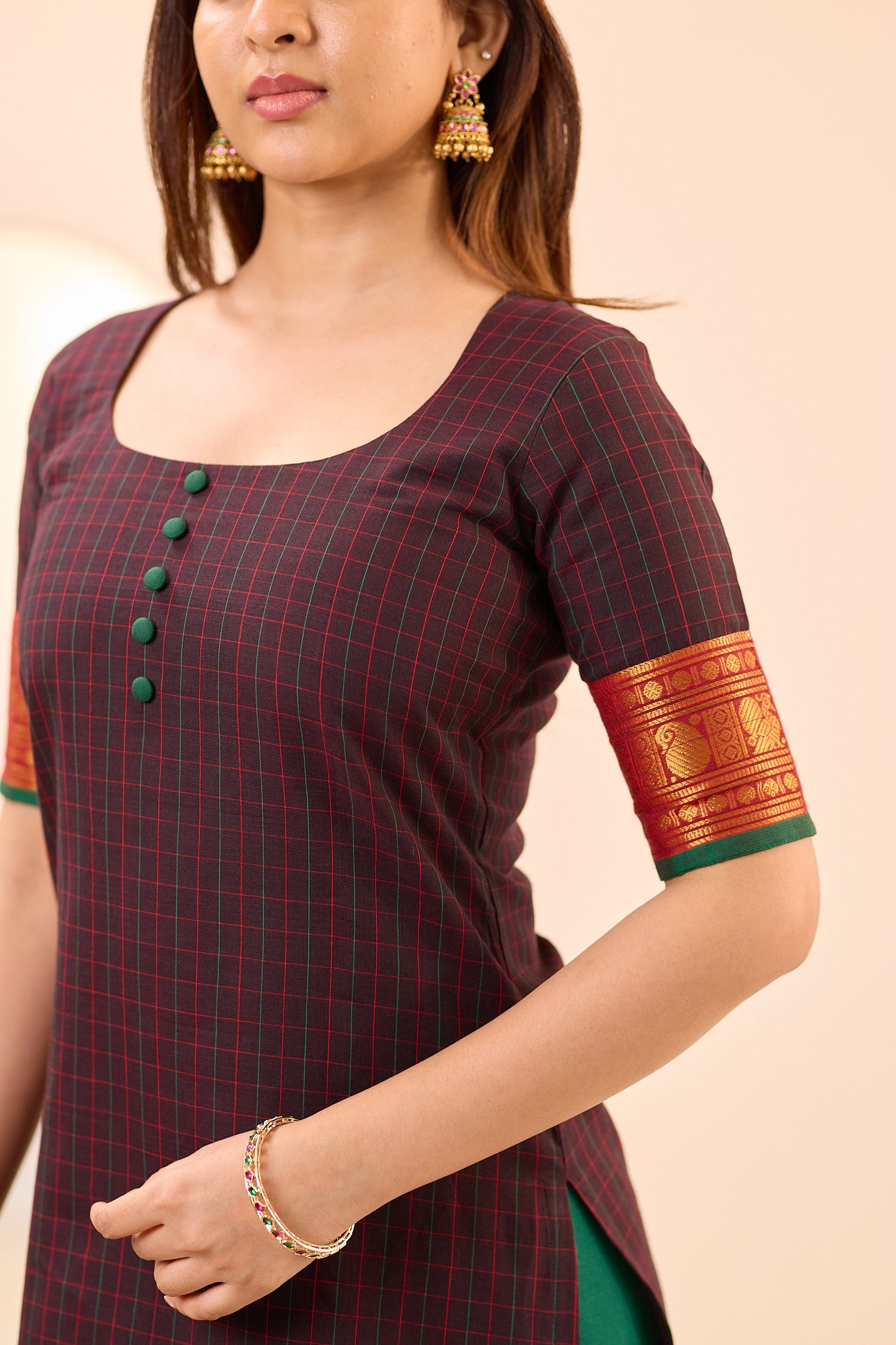Dark Coffee Brown Checks with Rust Orange Zari Border Chettinad Top and Dupatta