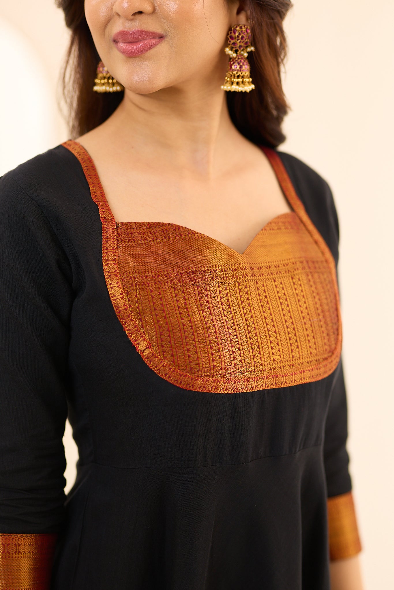 Classic Black with Rust Gold Weave Border Chettinad Cotton Anarkali