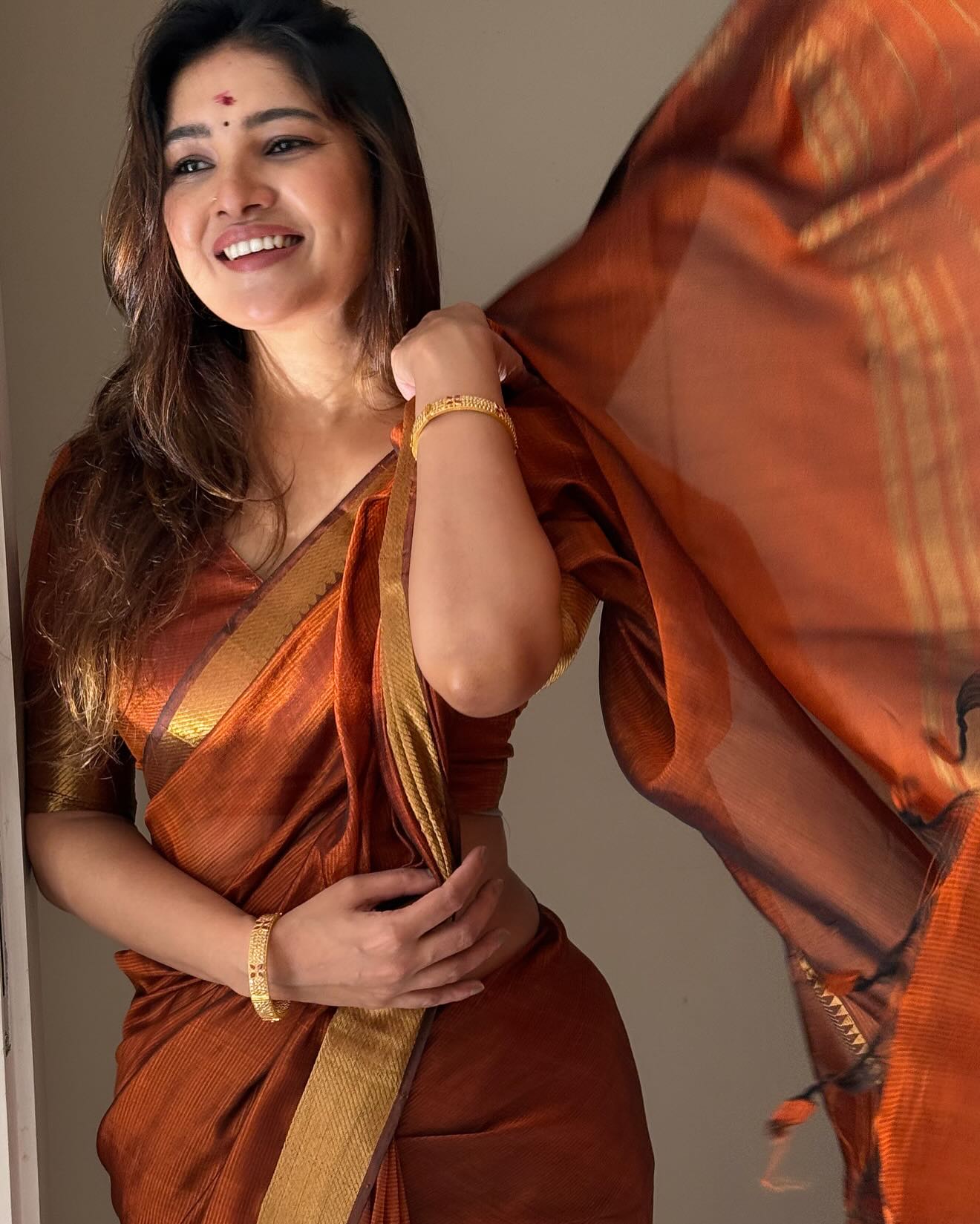 Vanibhojan Rust Orange Mangalagiri Handwoven saree