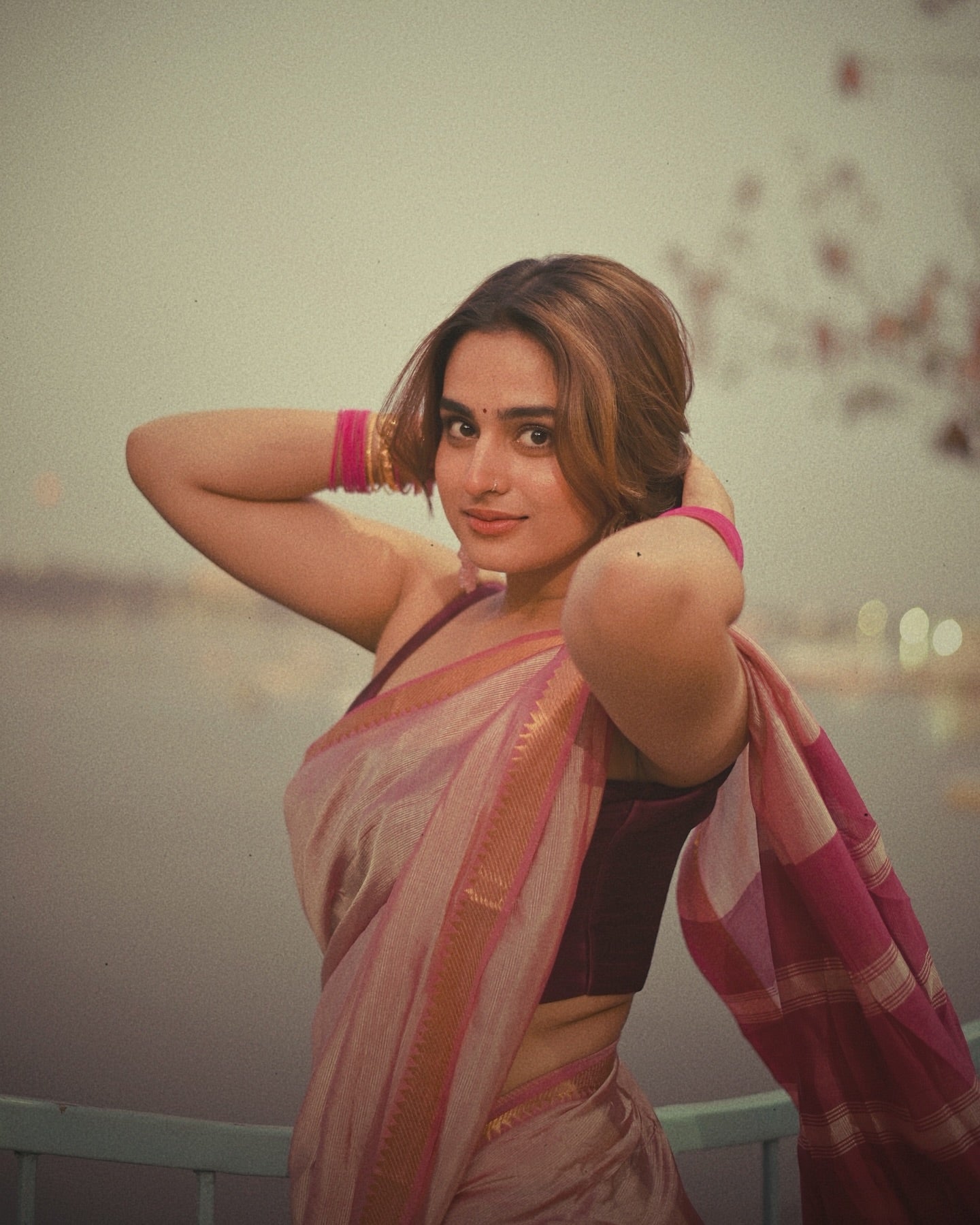 Ayesha khan Light Pink and Dark Pink-Handwoven Mangalagiri Semi Silk Cotton Saree