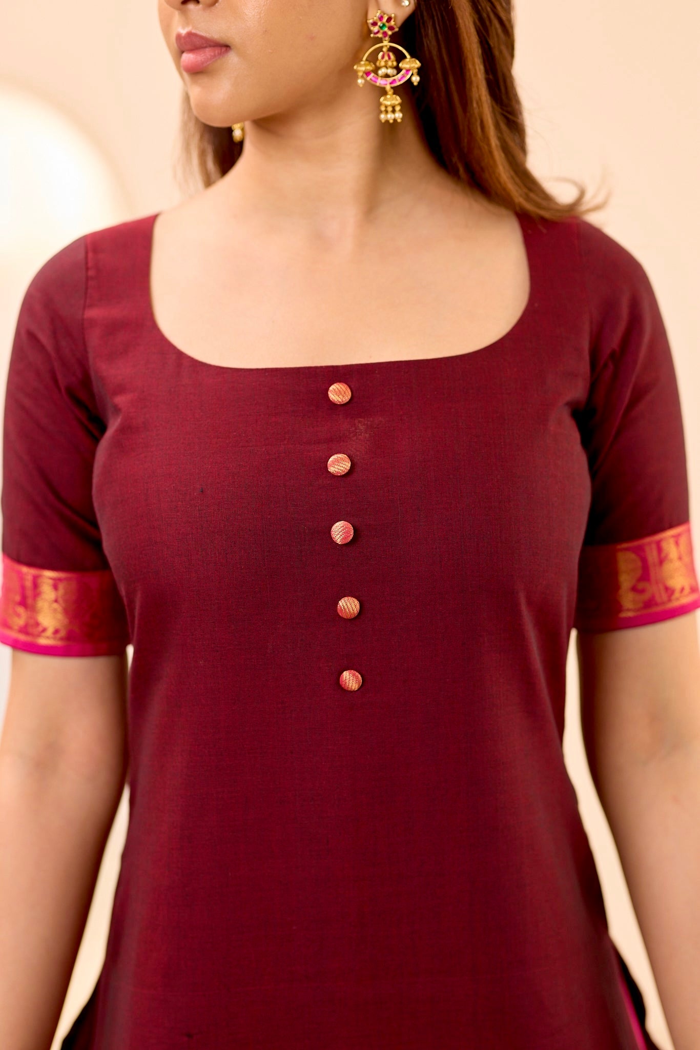 Rich Burgundy with Rani Pink Border Chettinad Top and Dupatta