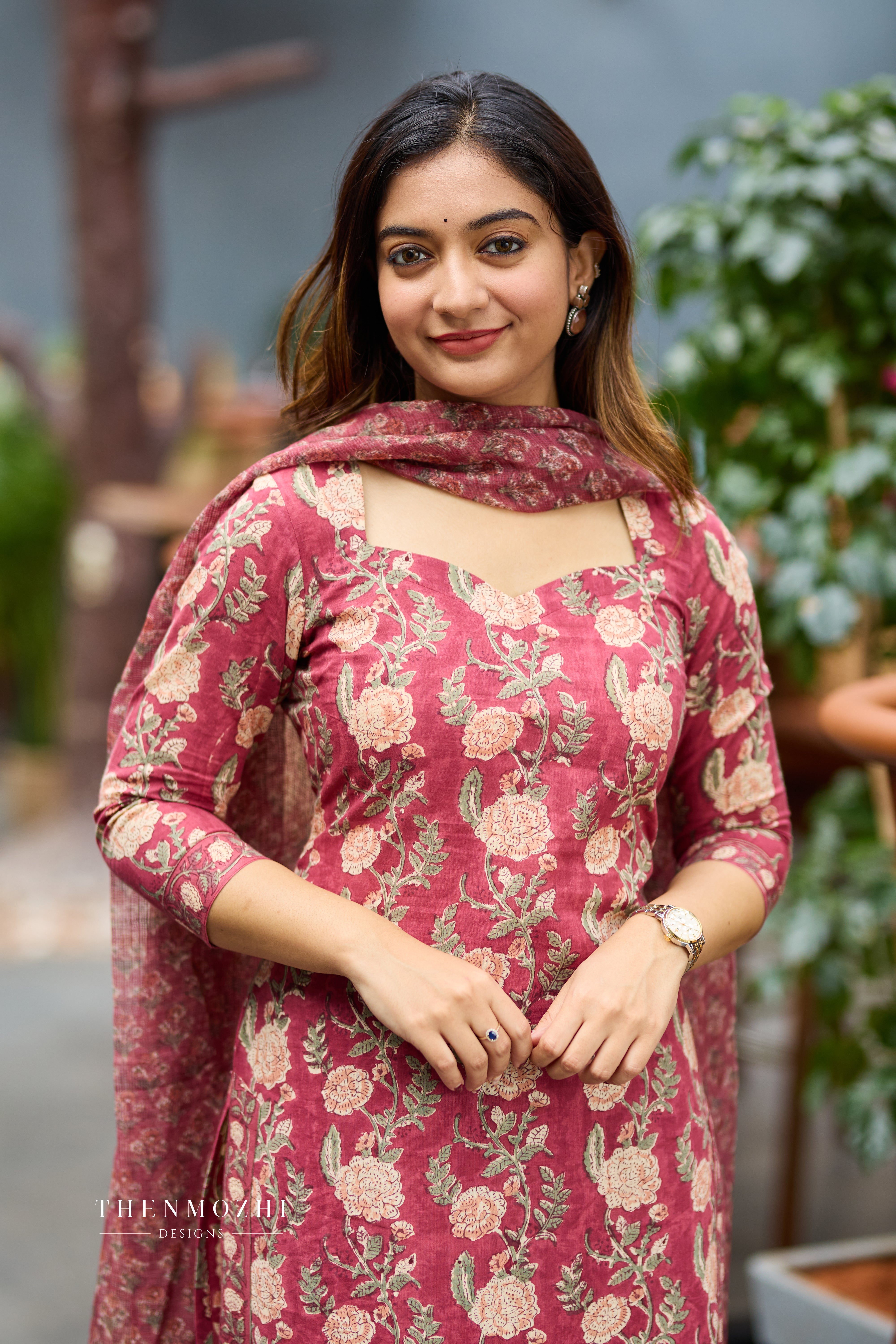 Back Corset-Style Lacing Dusty Rose Cotton Suit Set with Kota Dupatta