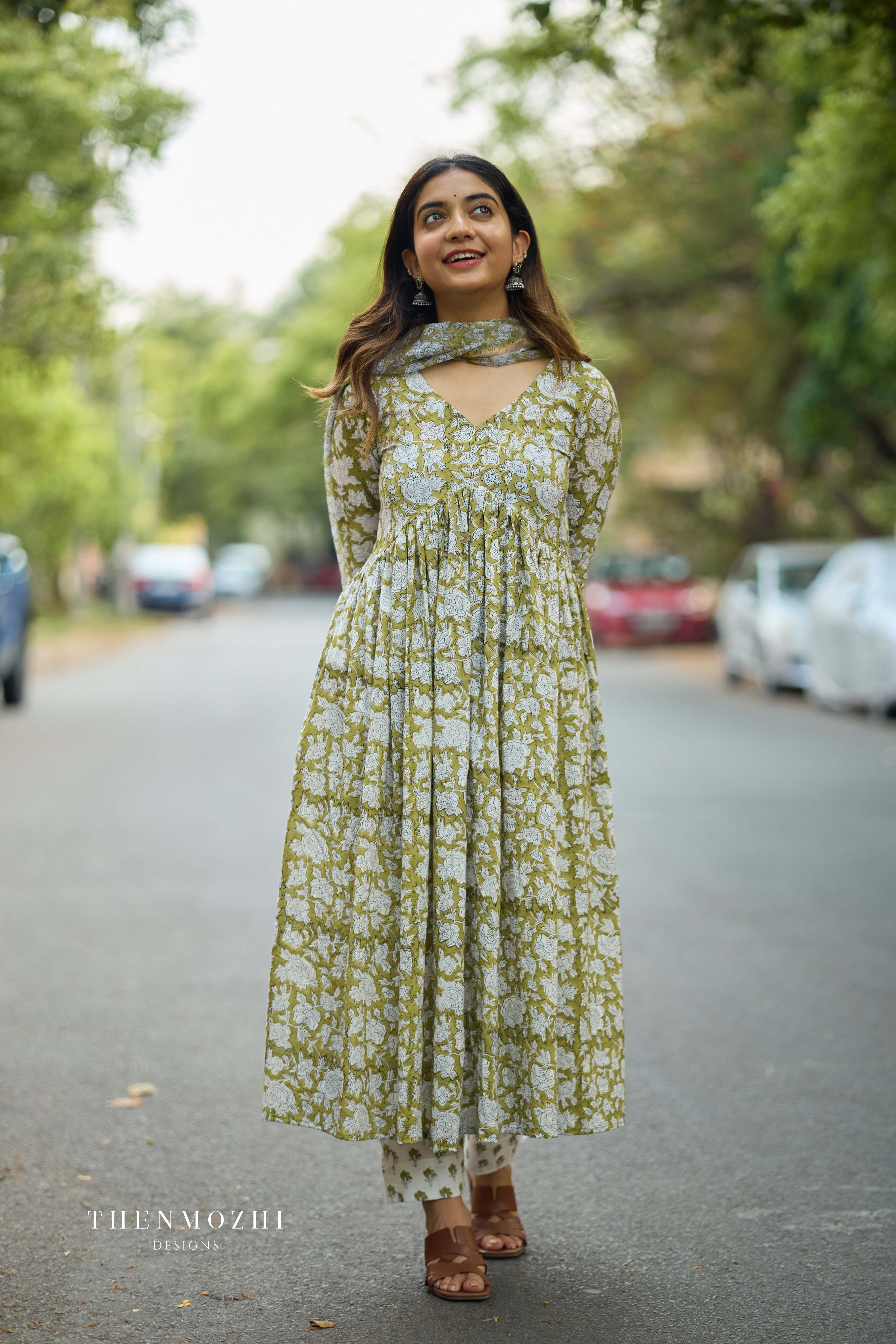 Green Alia Cut Cotton Suit with Kota Dupatta