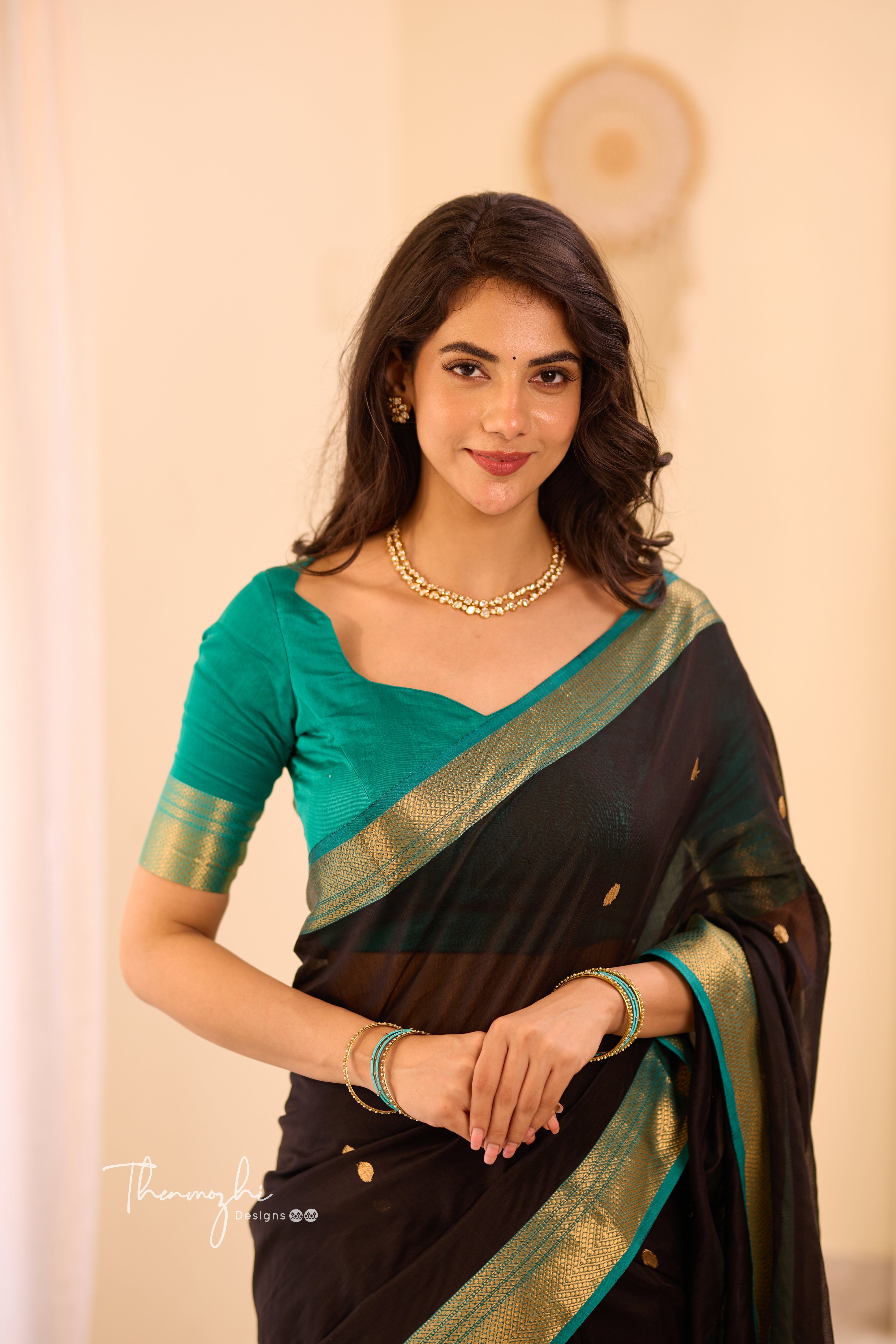 Black and Turquoise Maheshwari Silk Cotton Handloom Saree