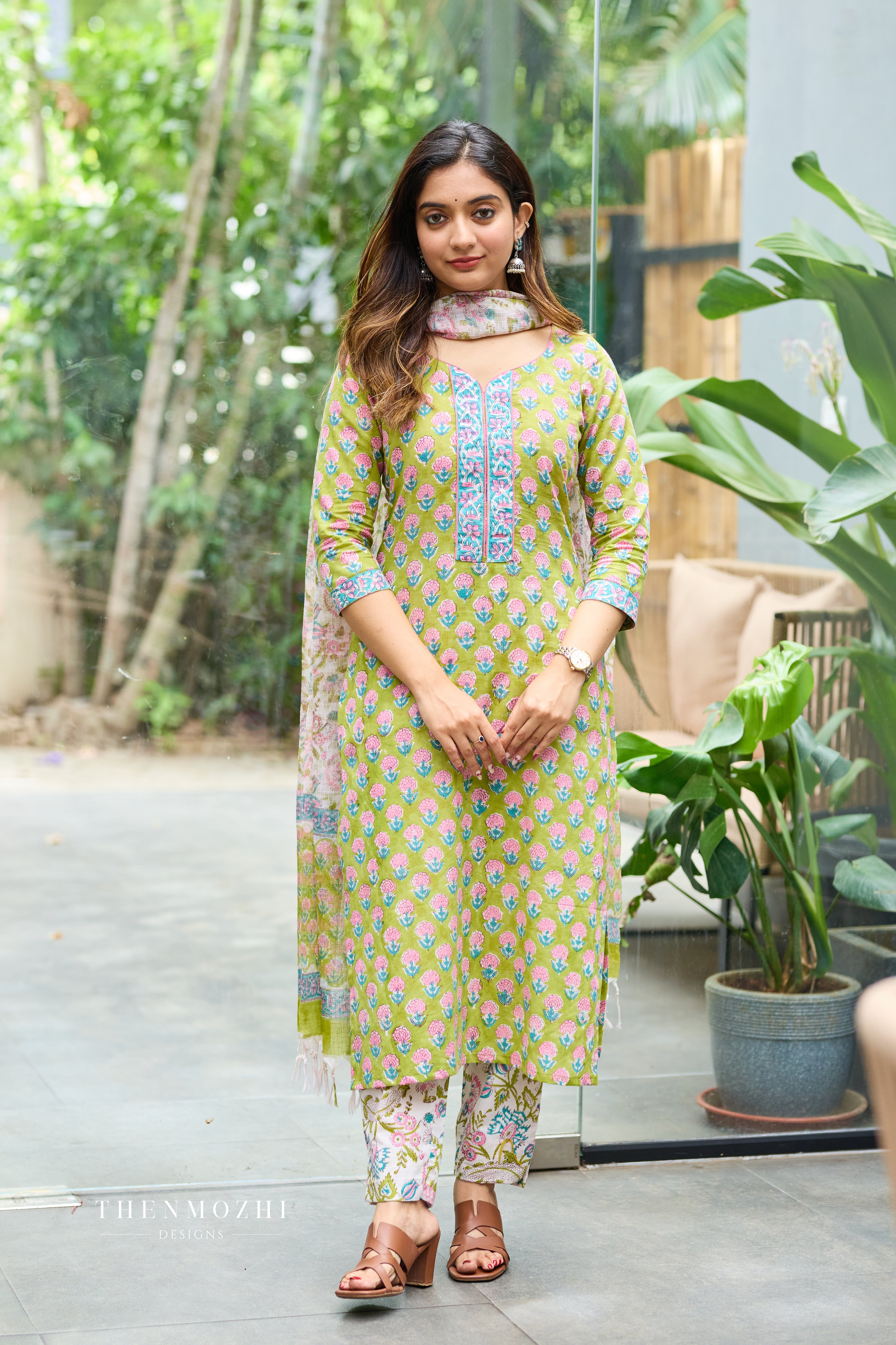Lime Green Cotton Suit Set with Kota Dupatta