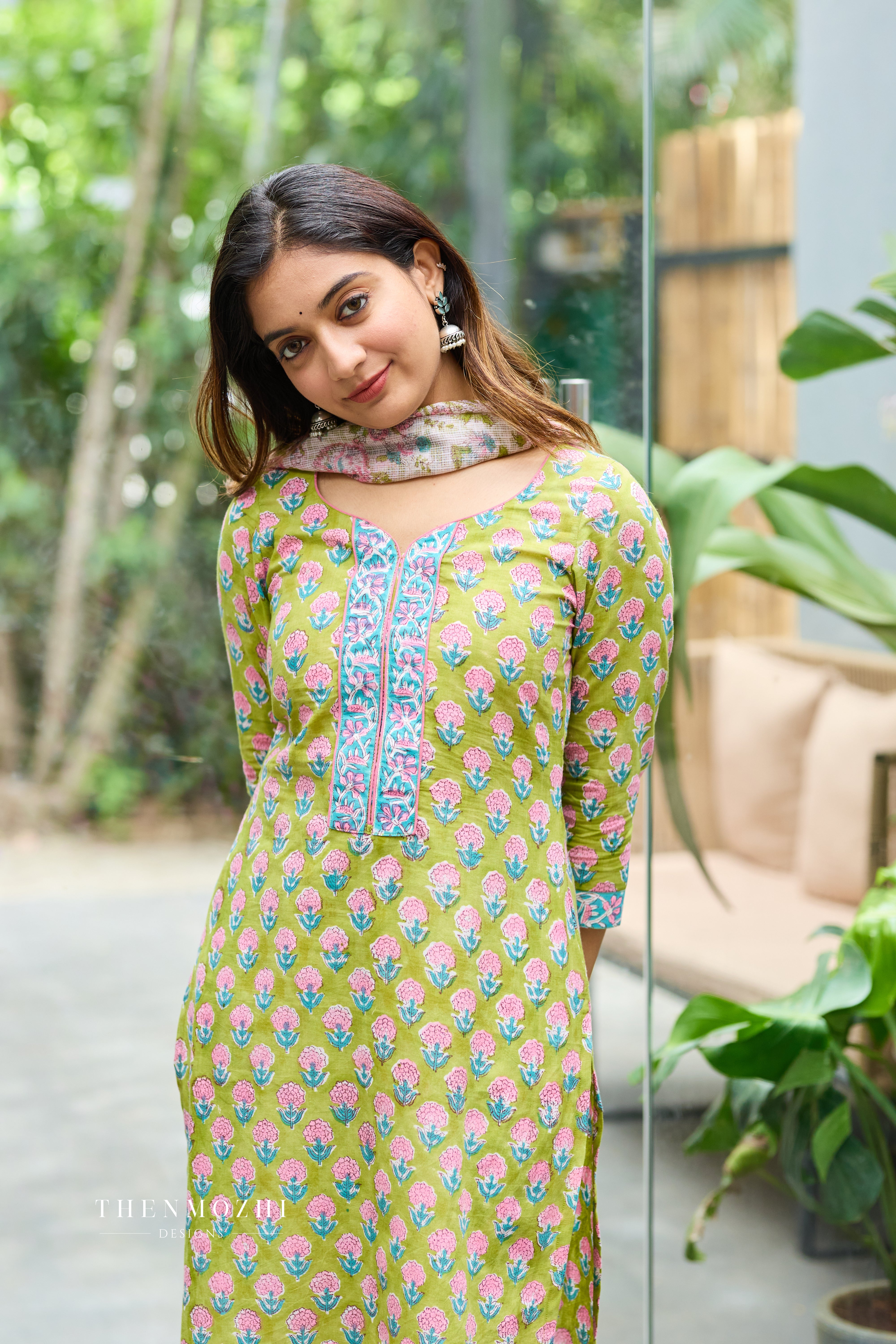 Lime Green Cotton Suit Set with Kota Dupatta