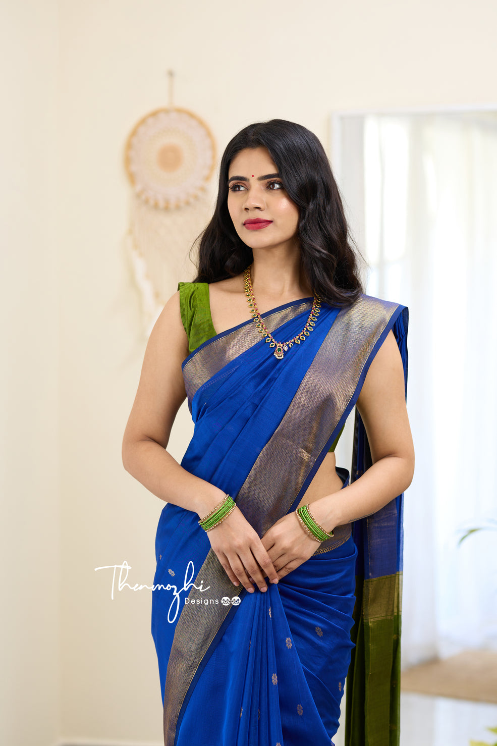 Blue and Green (Big Border) Maheshwari Silk Handloom Cotton Saree