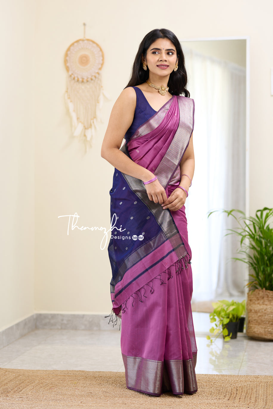 Grey poly cotton saree with unique motifs, contrast dark blue border &  pallu of intricate motifs & all-over mirrorwork