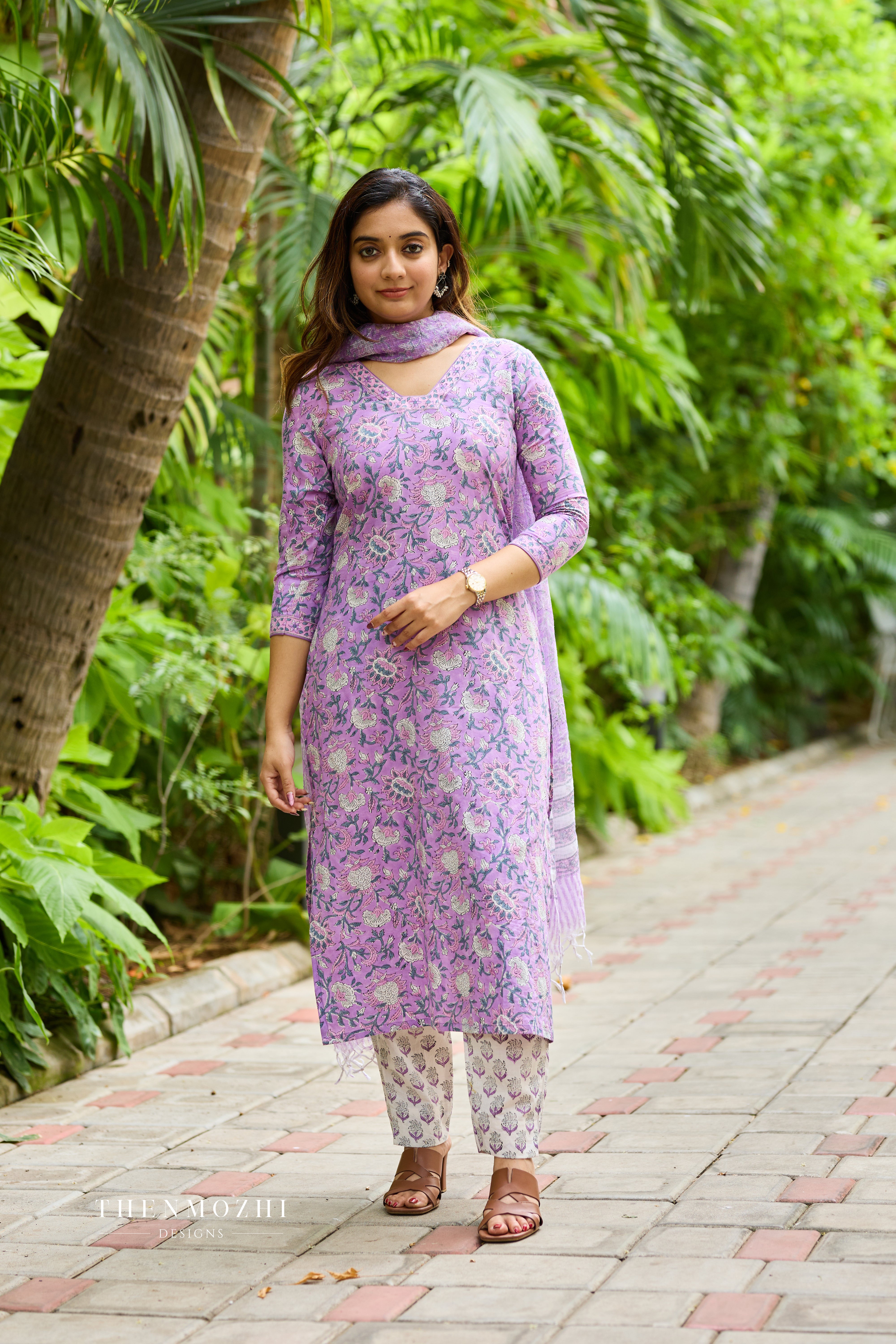 Orchid Purple Cotton Suit Set with Kota Dupatta