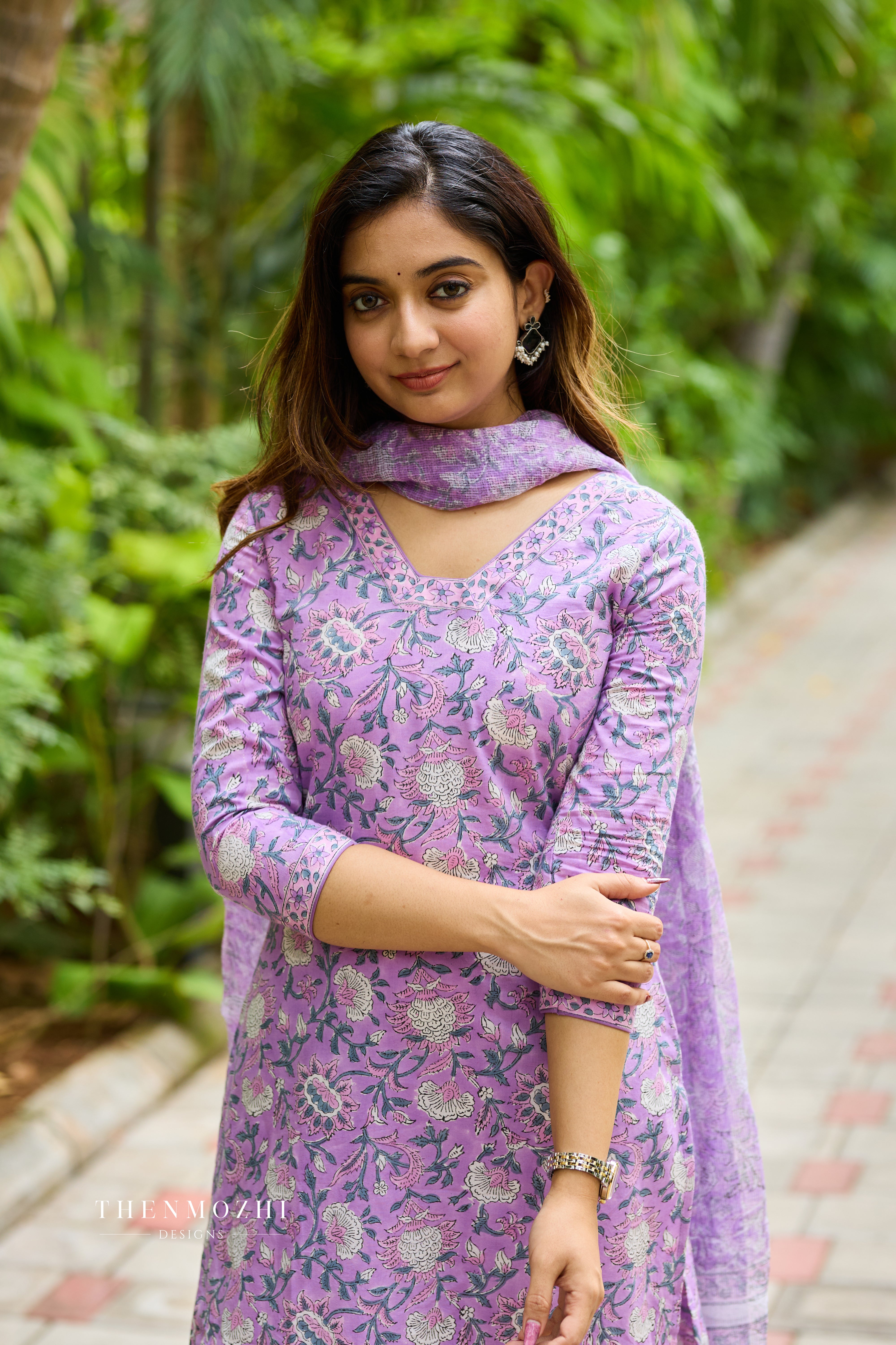 Orchid Purple Cotton Suit Set with Kota Dupatta