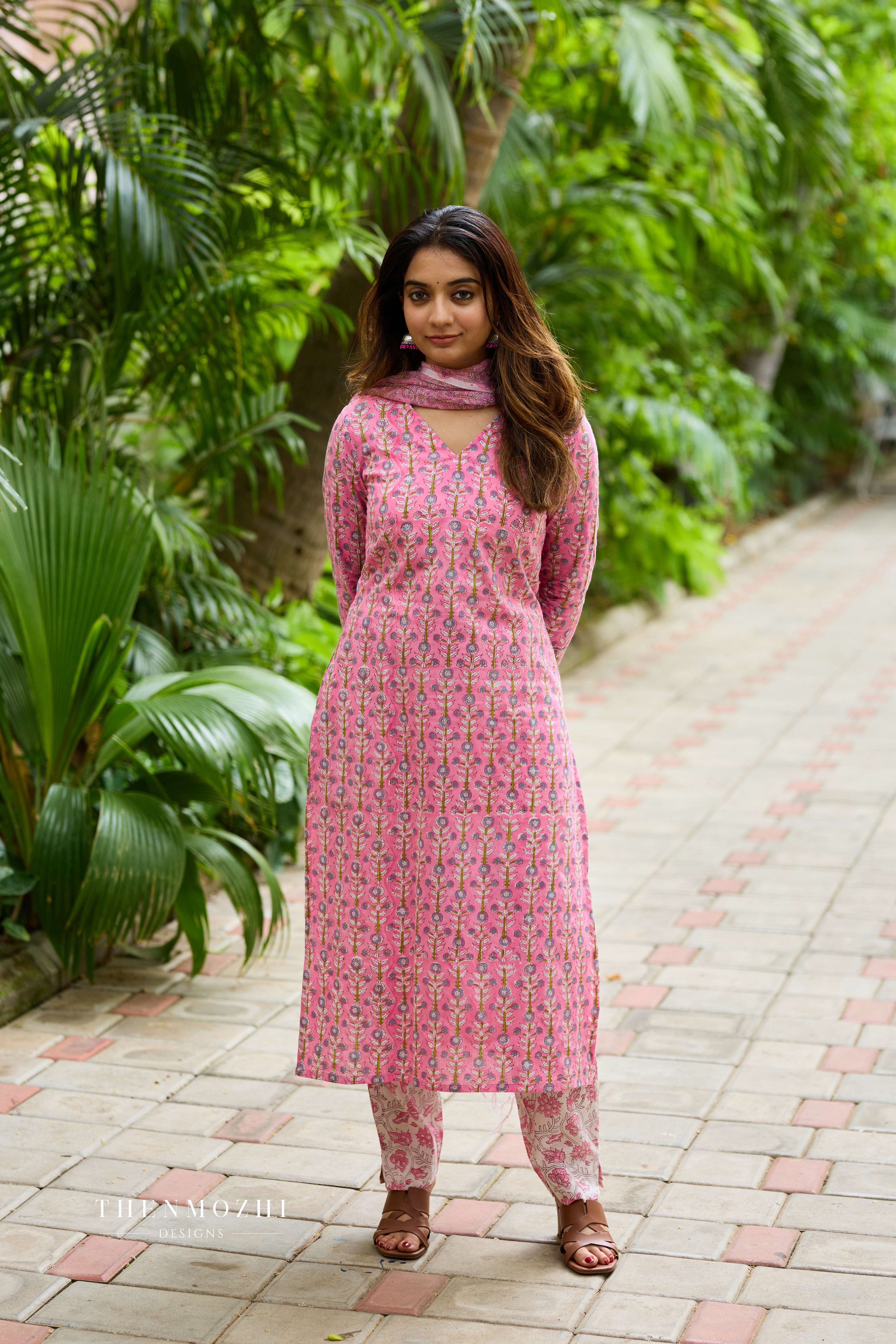 Rose Pink Cotton Suit Set with Kota Dupatta
