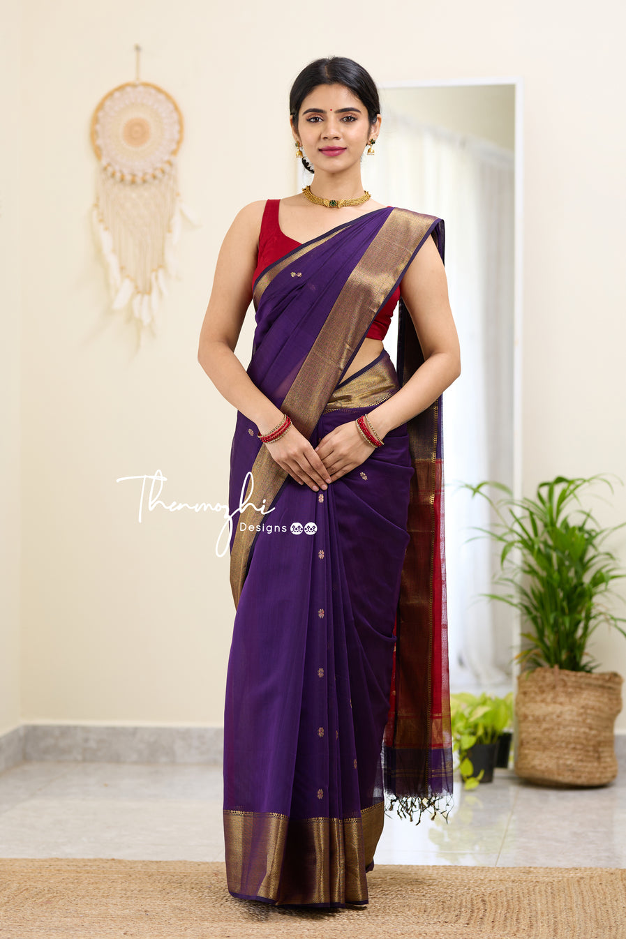 Purple and Red (Big Border) Maheshwari Silk Handloom Cotton Saree