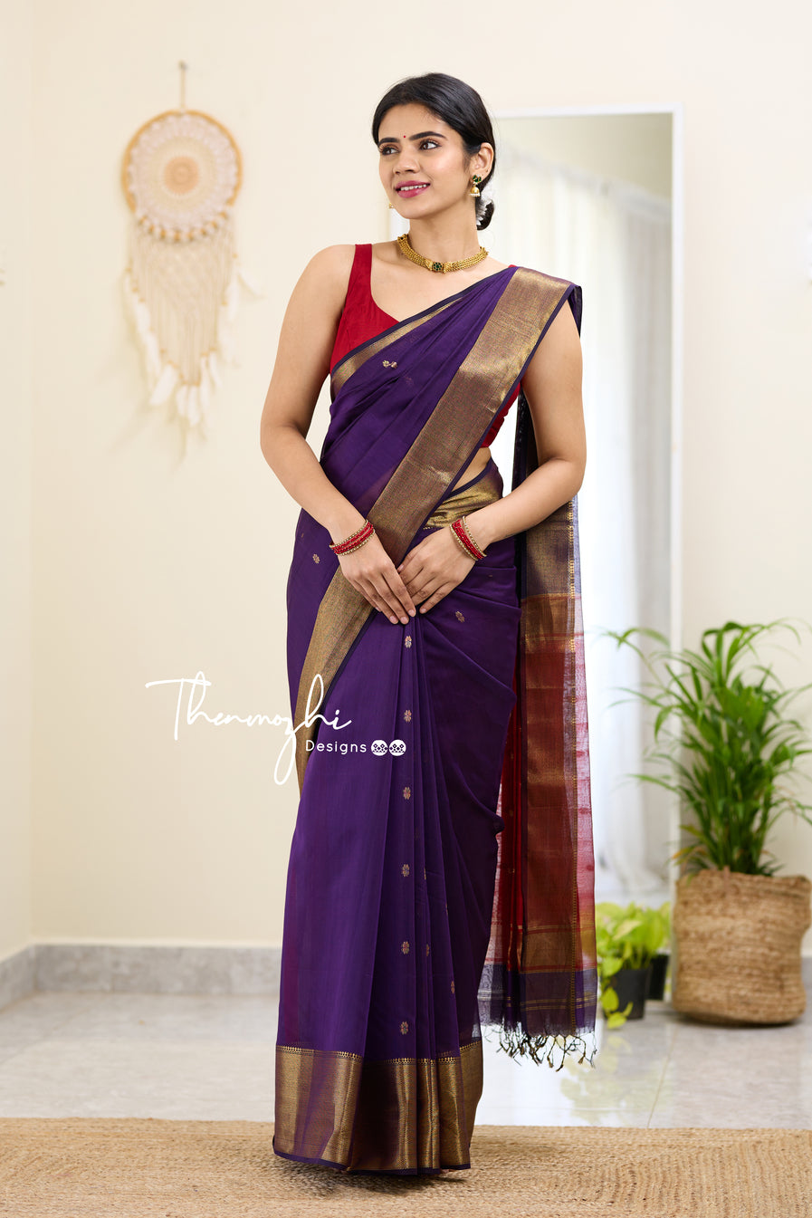 Purple and Red (Big Border) Maheshwari Silk Handloom Cotton Saree