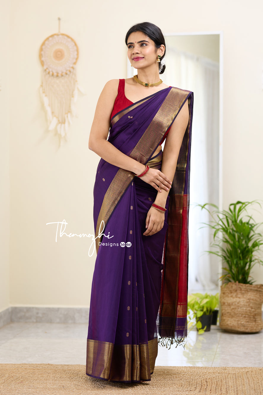 Purple and Red (Big Border) Maheshwari Silk Handloom Cotton Saree