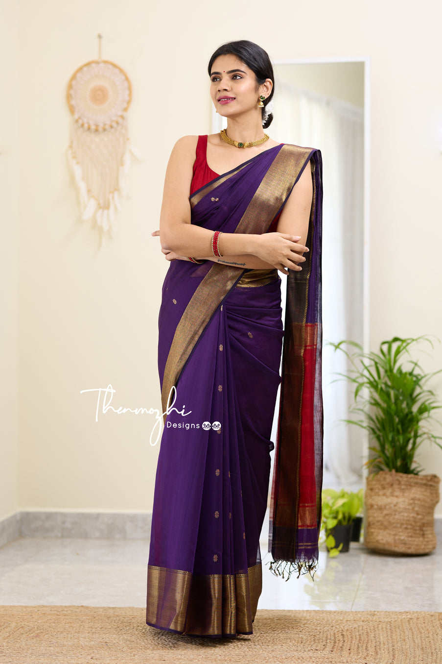 Purple and Red (Big Border) Maheshwari Silk Handloom Cotton Saree