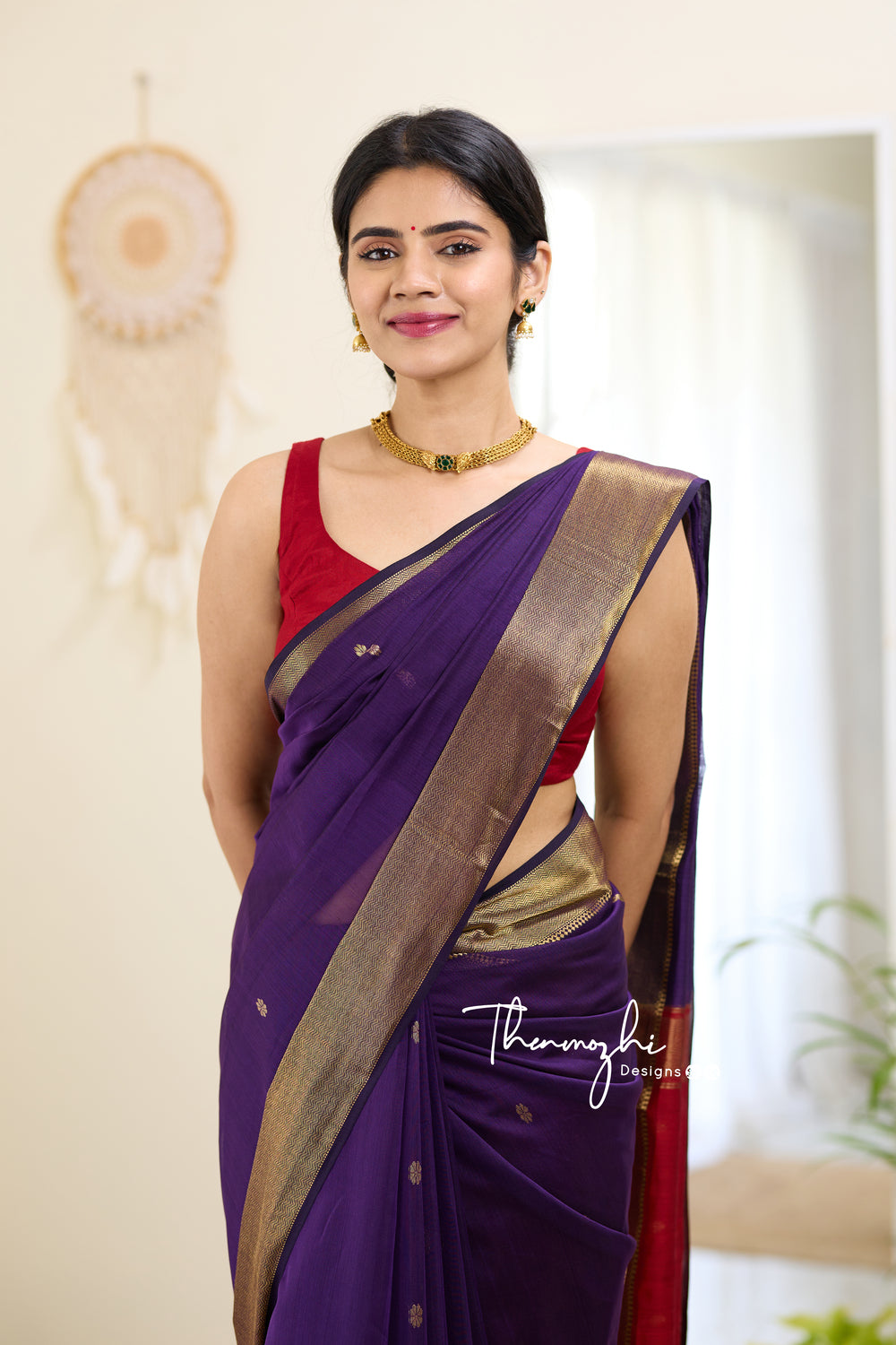 Purple and Red (Big Border) Maheshwari Silk Handloom Cotton Saree