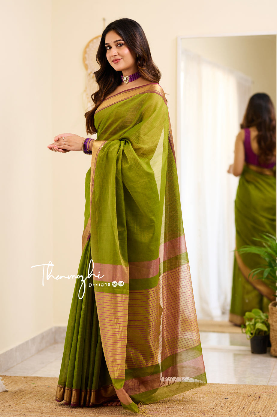 Puneri soft cotton saree in tradition green colour with rudraksh border.  Purchase@+91-9810530027 | Bollywood saree, Saree, Saree wedding