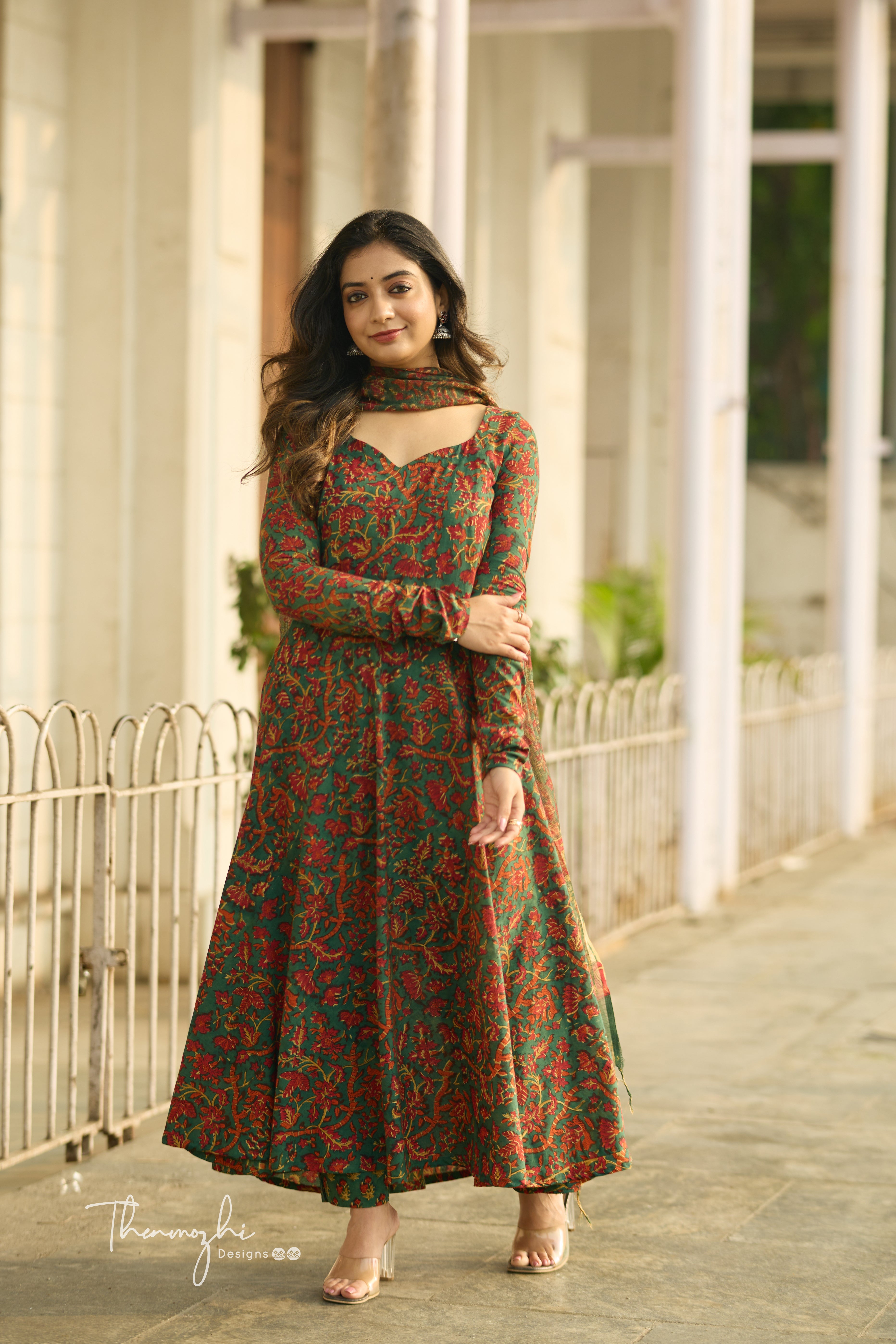 Dark Green Anarkali - Cotton Suit Set with Kota Dupatta