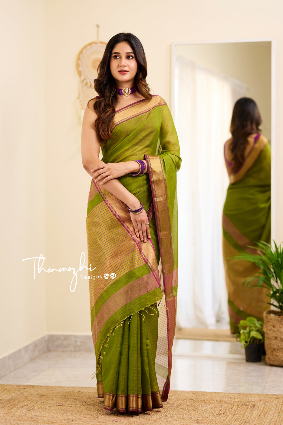 Hridaya Green Maheshwari Tissue Silk Handloom Cotton Saree