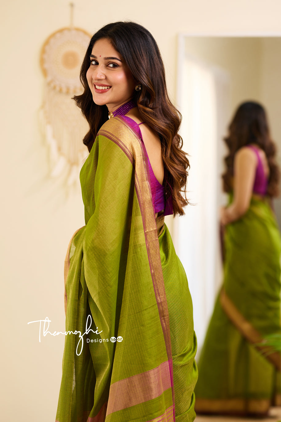 Hridaya Green Maheshwari Tissue Silk Handloom Cotton Saree