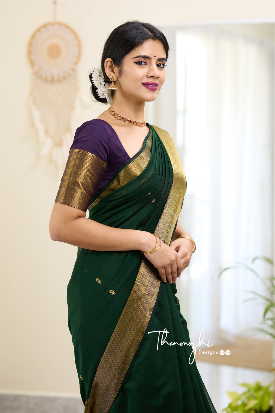 Green and Purple (Big Border) Maheshwari Silk Handloom Cotton Saree