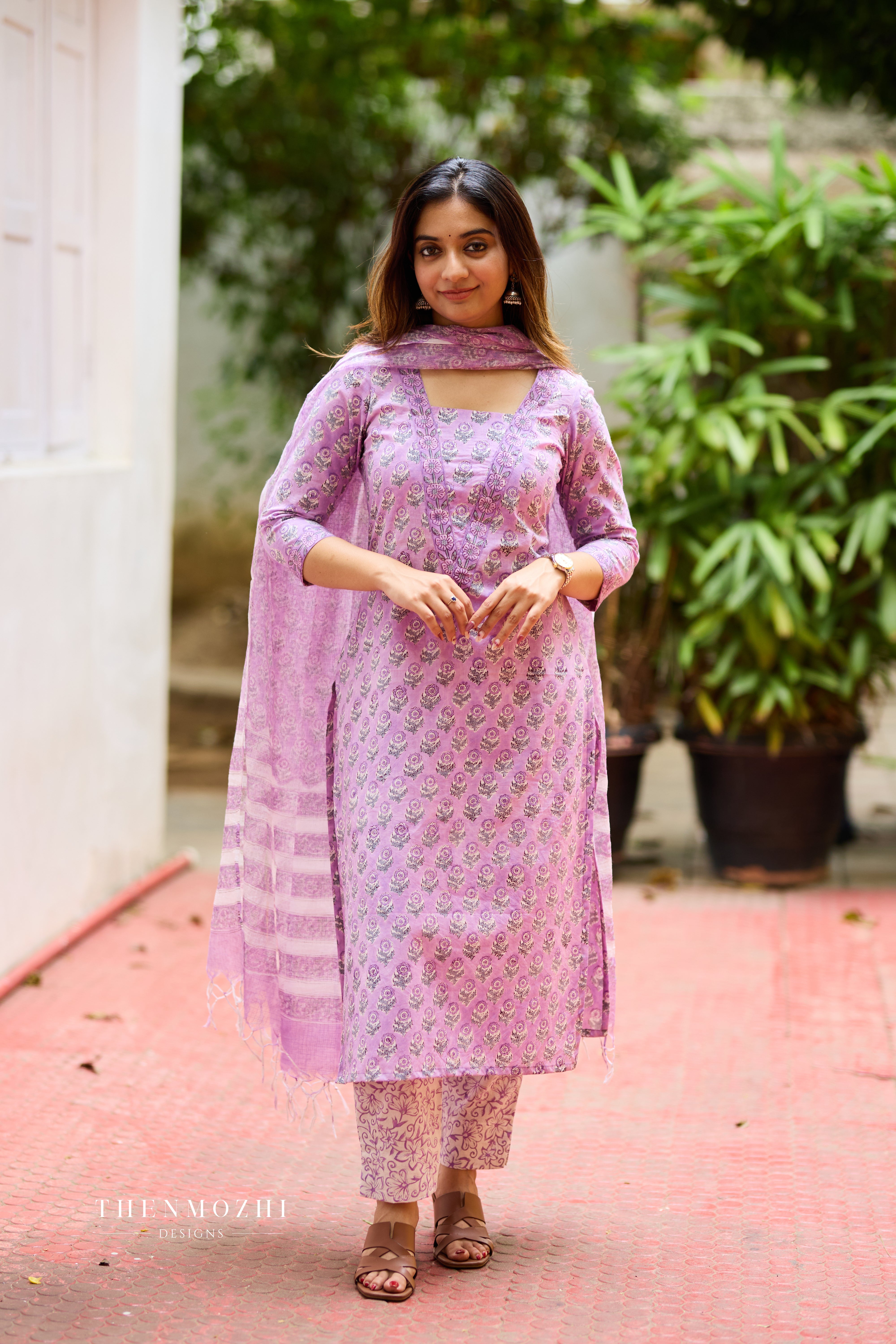 Lavendar Violet Cotton Suit Set with Kota Dupatta