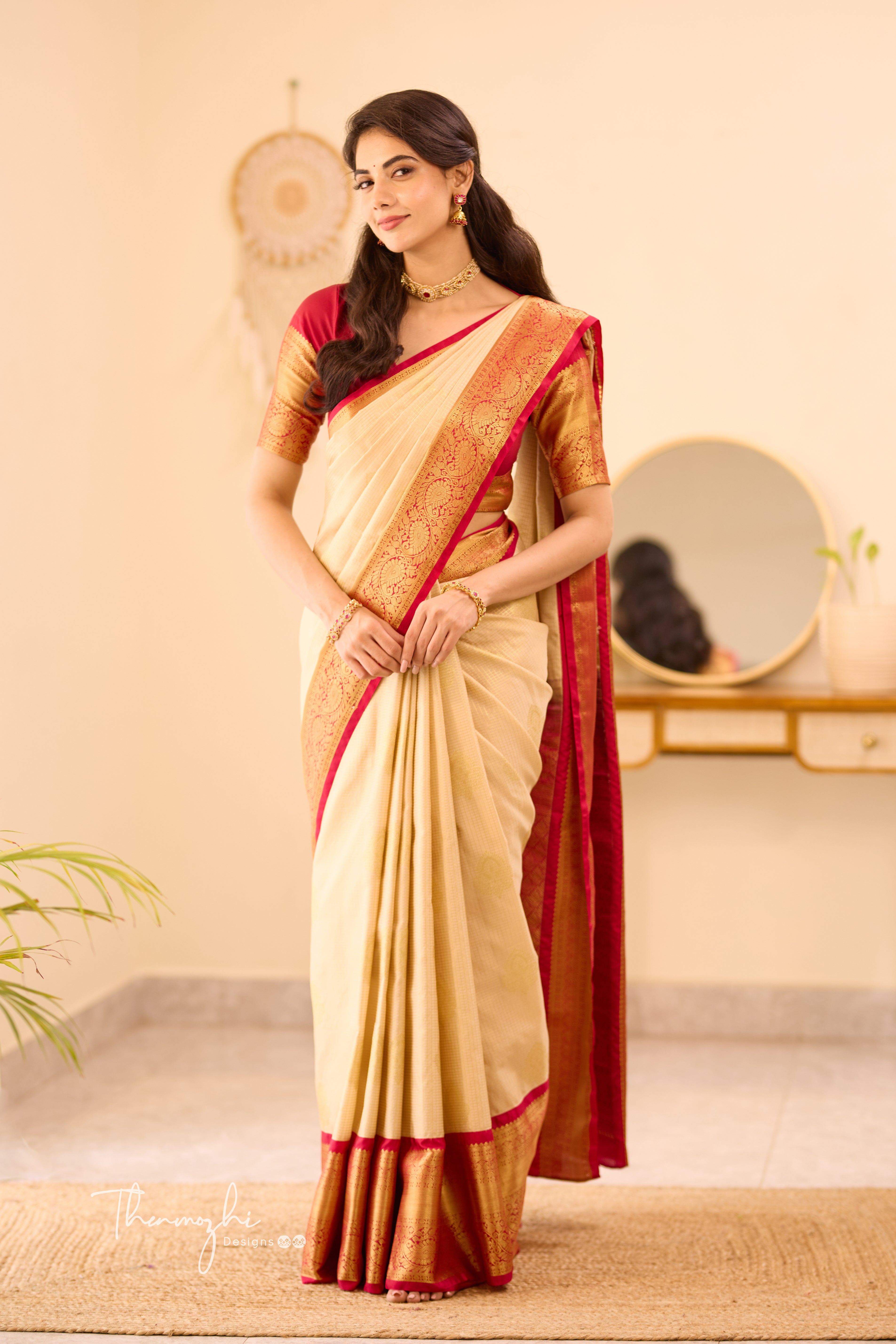 Half White Kanchi Semi Silk