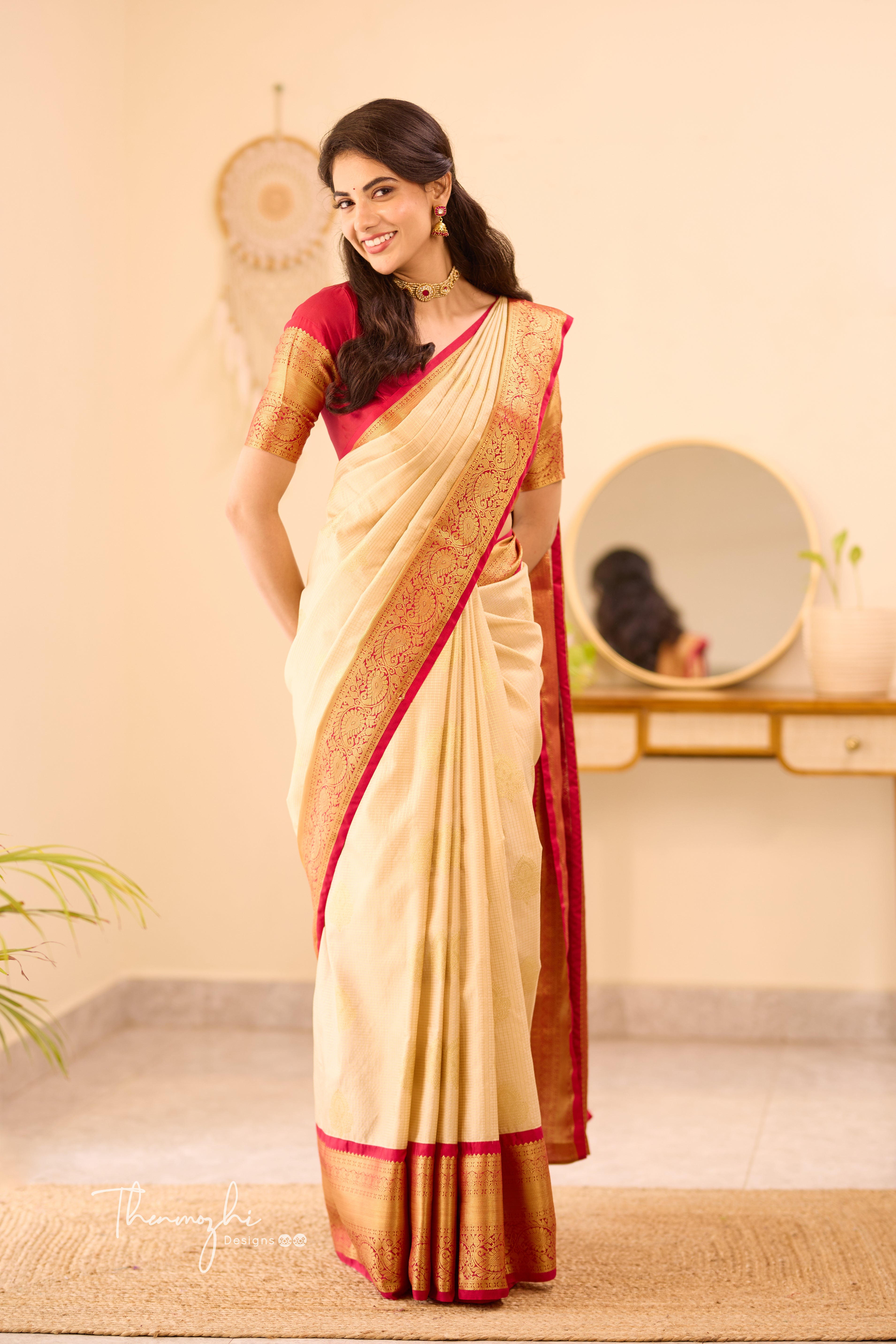 Half White Kanchi Semi Silk