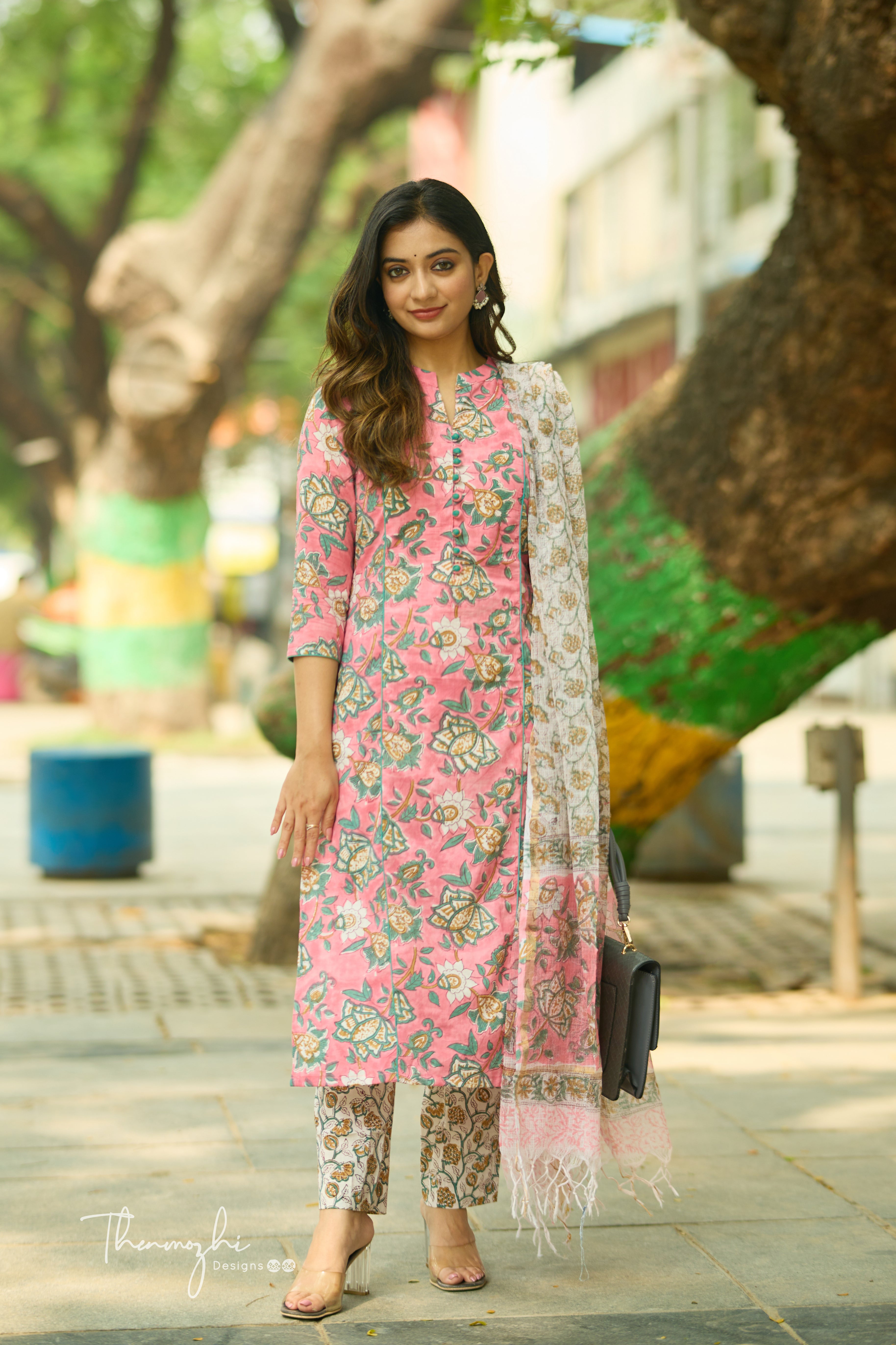 Pink floral Cotton Suit Set with Kota Dupatta