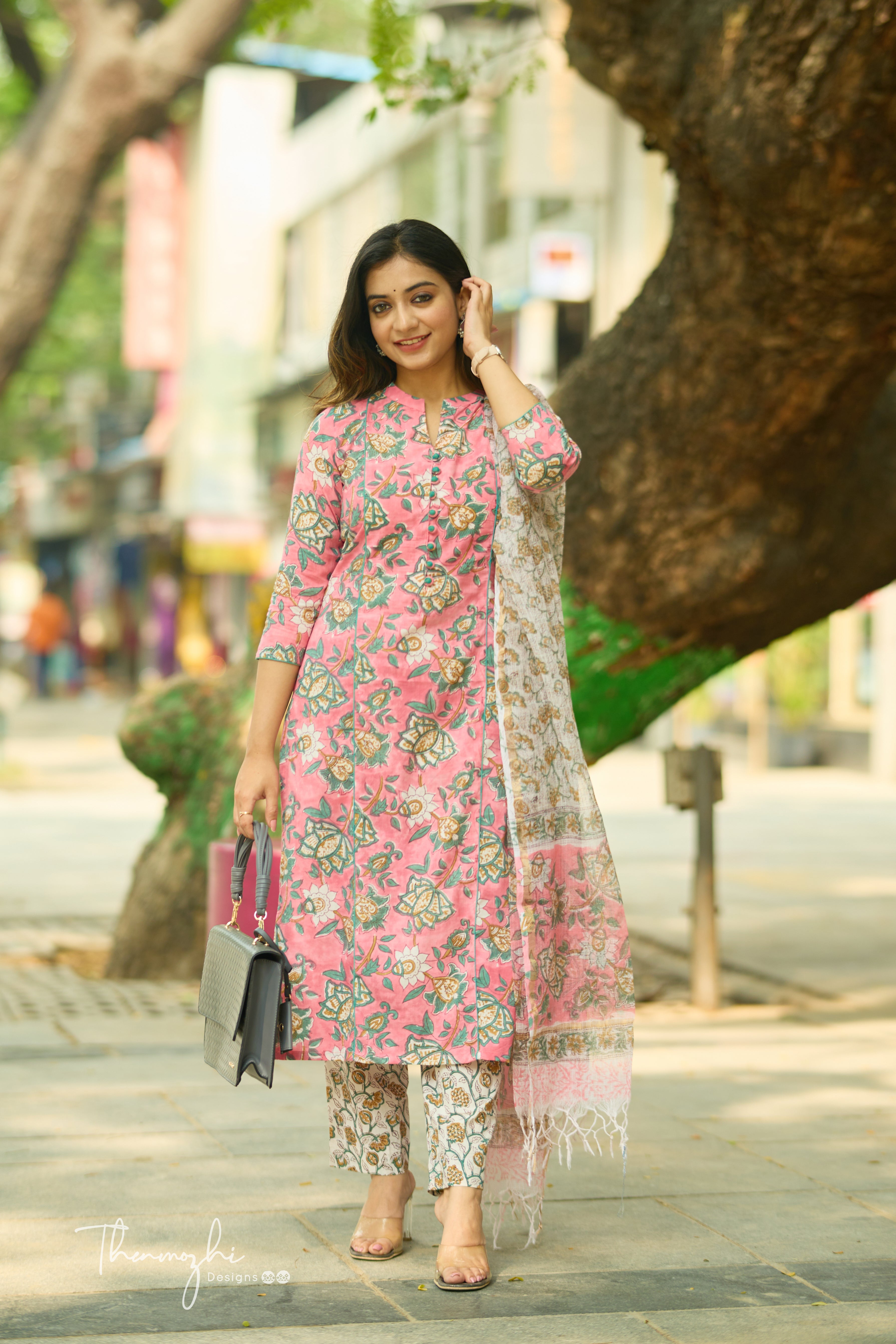 Pink floral Cotton Suit Set with Kota Dupatta