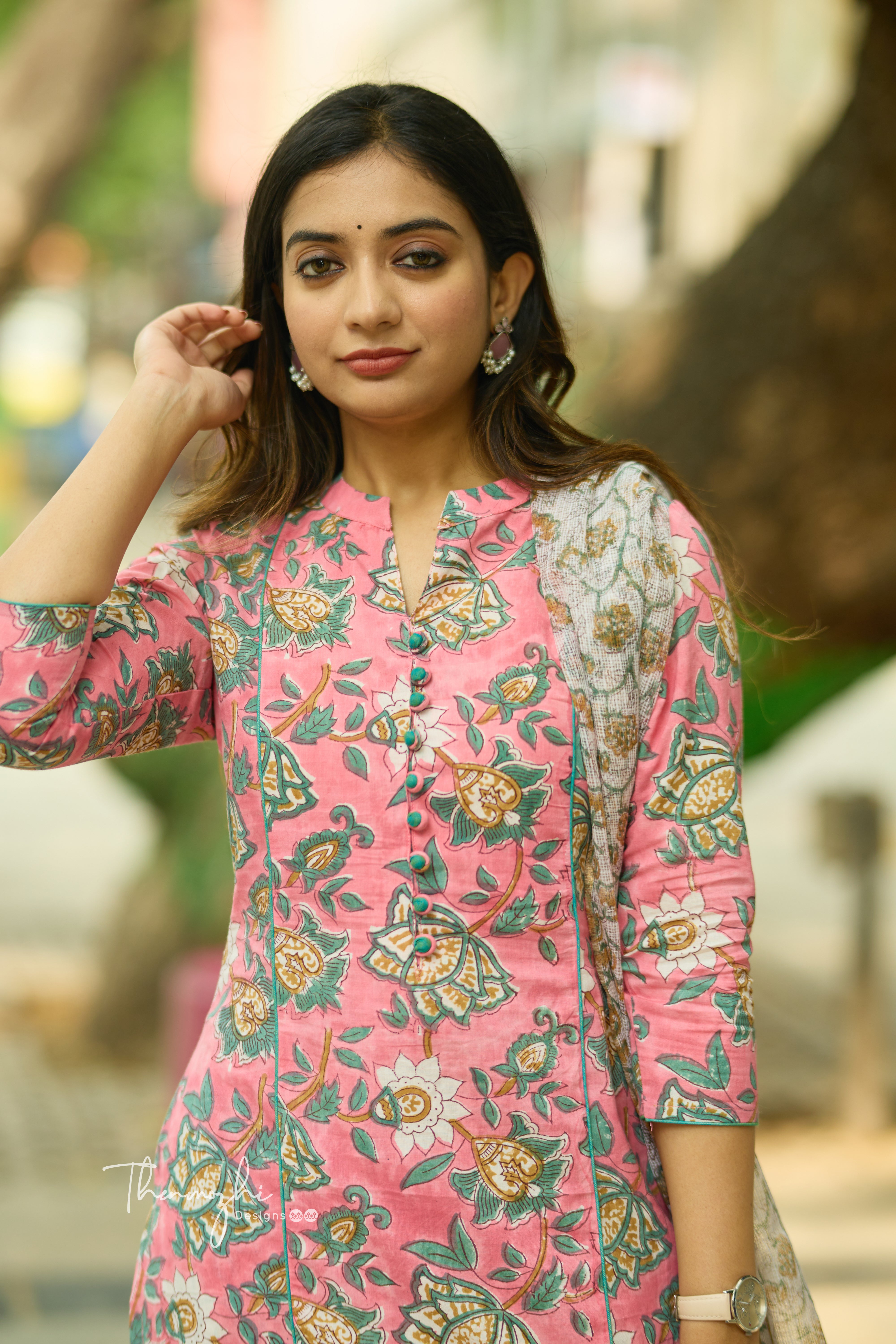 Pink floral Cotton Suit Set with Kota Dupatta