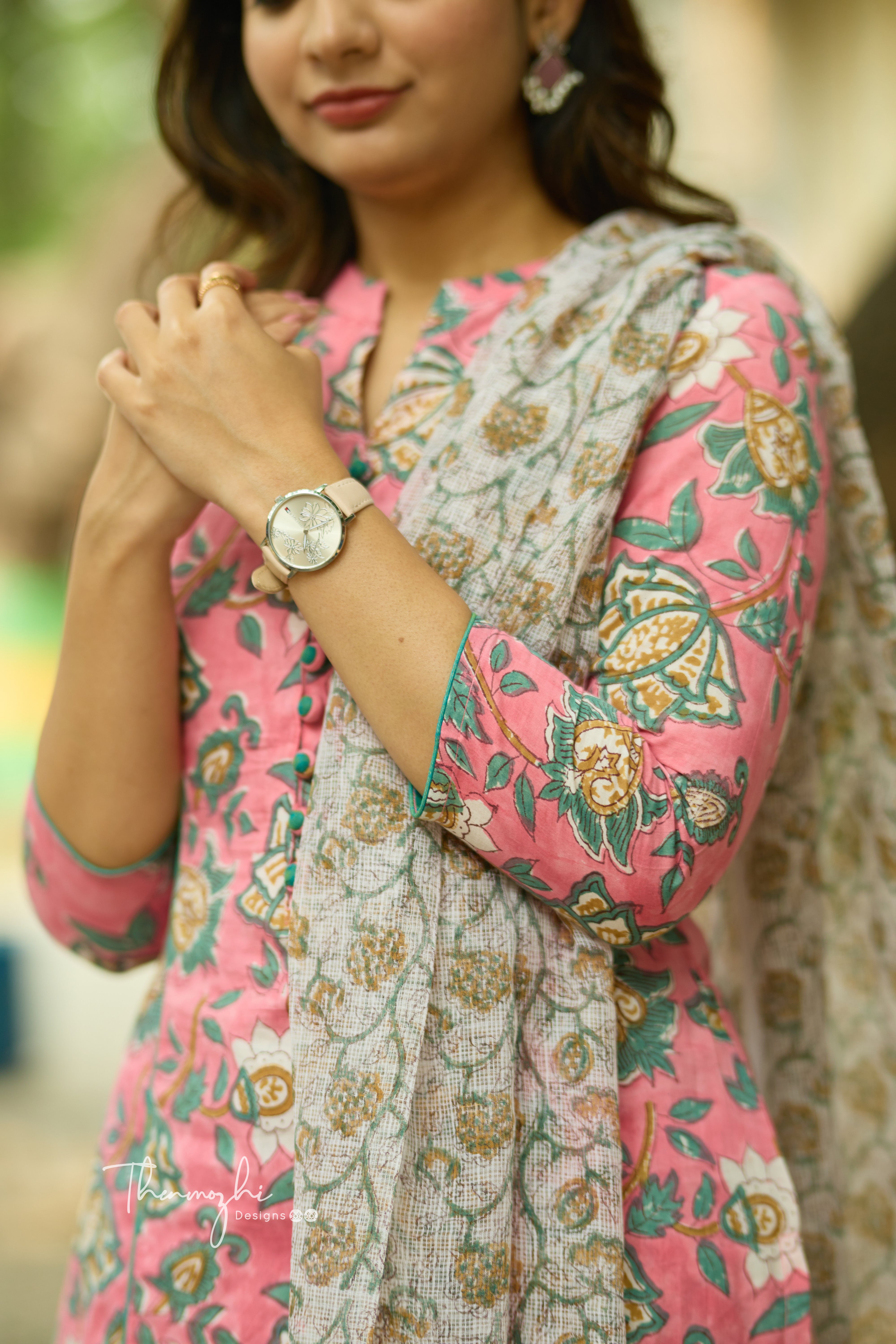 Pink floral Cotton Suit Set with Kota Dupatta