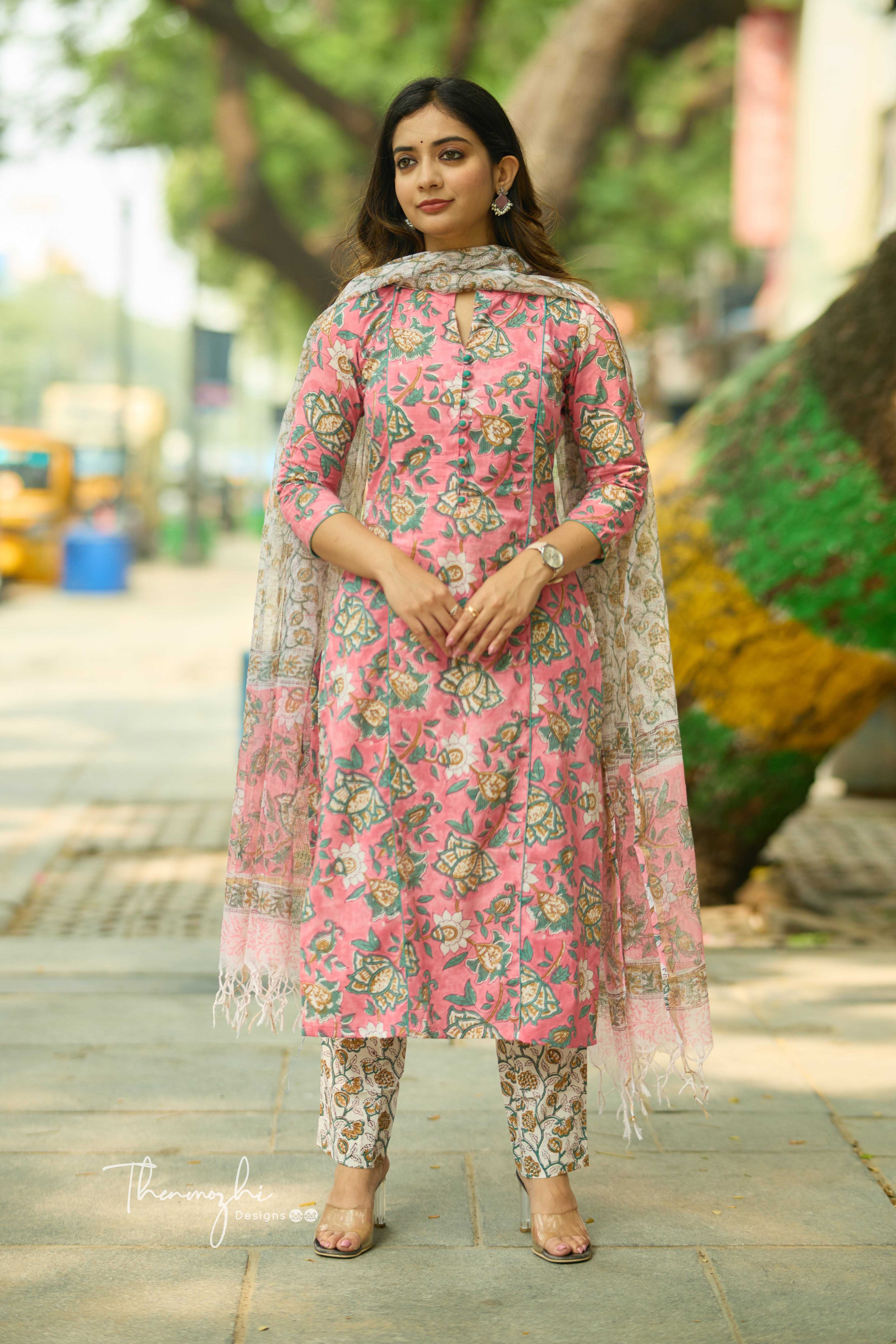 Pink floral Cotton Suit Set with Kota Dupatta