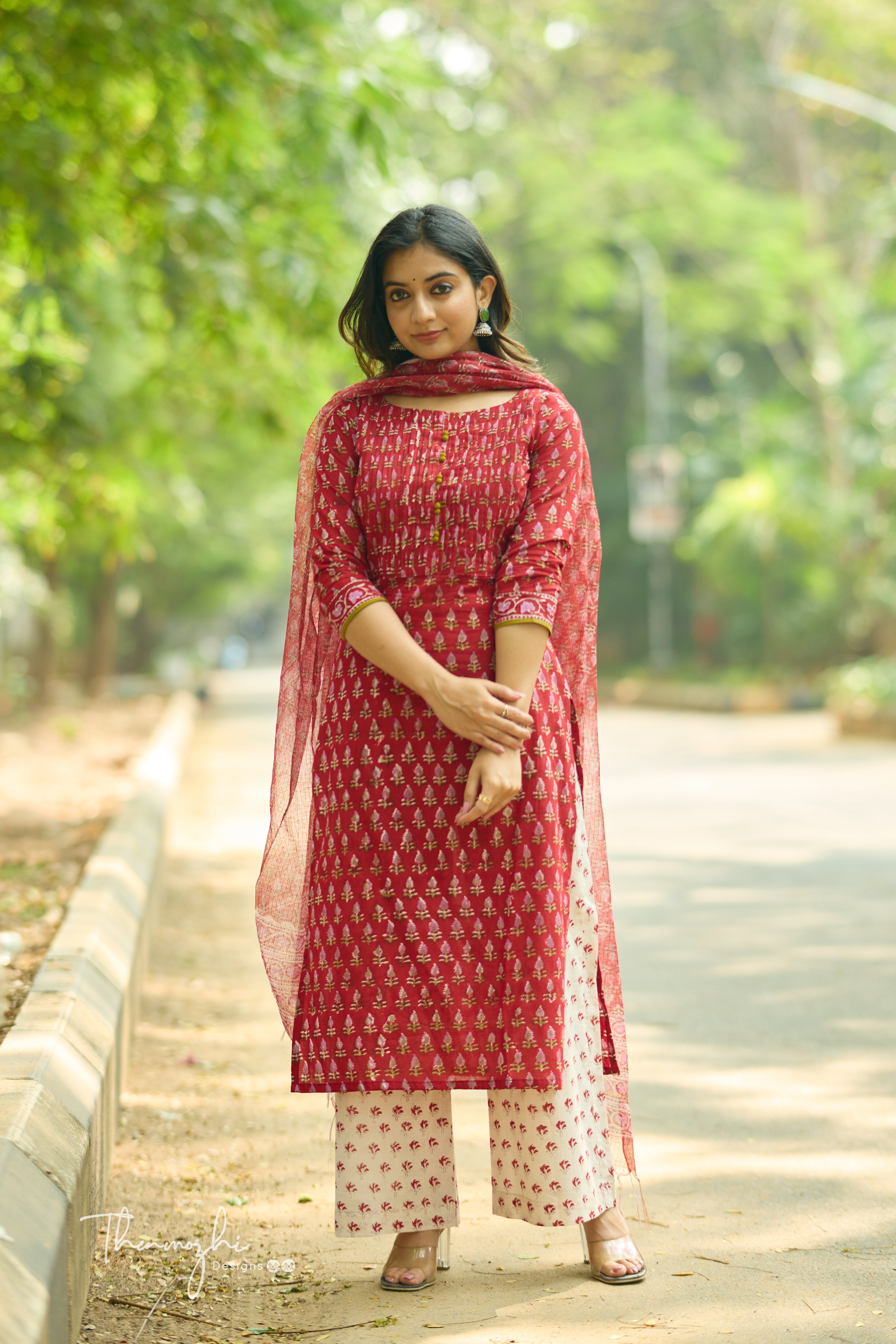 Red - Cotton Suit Set With Kota Dupatta