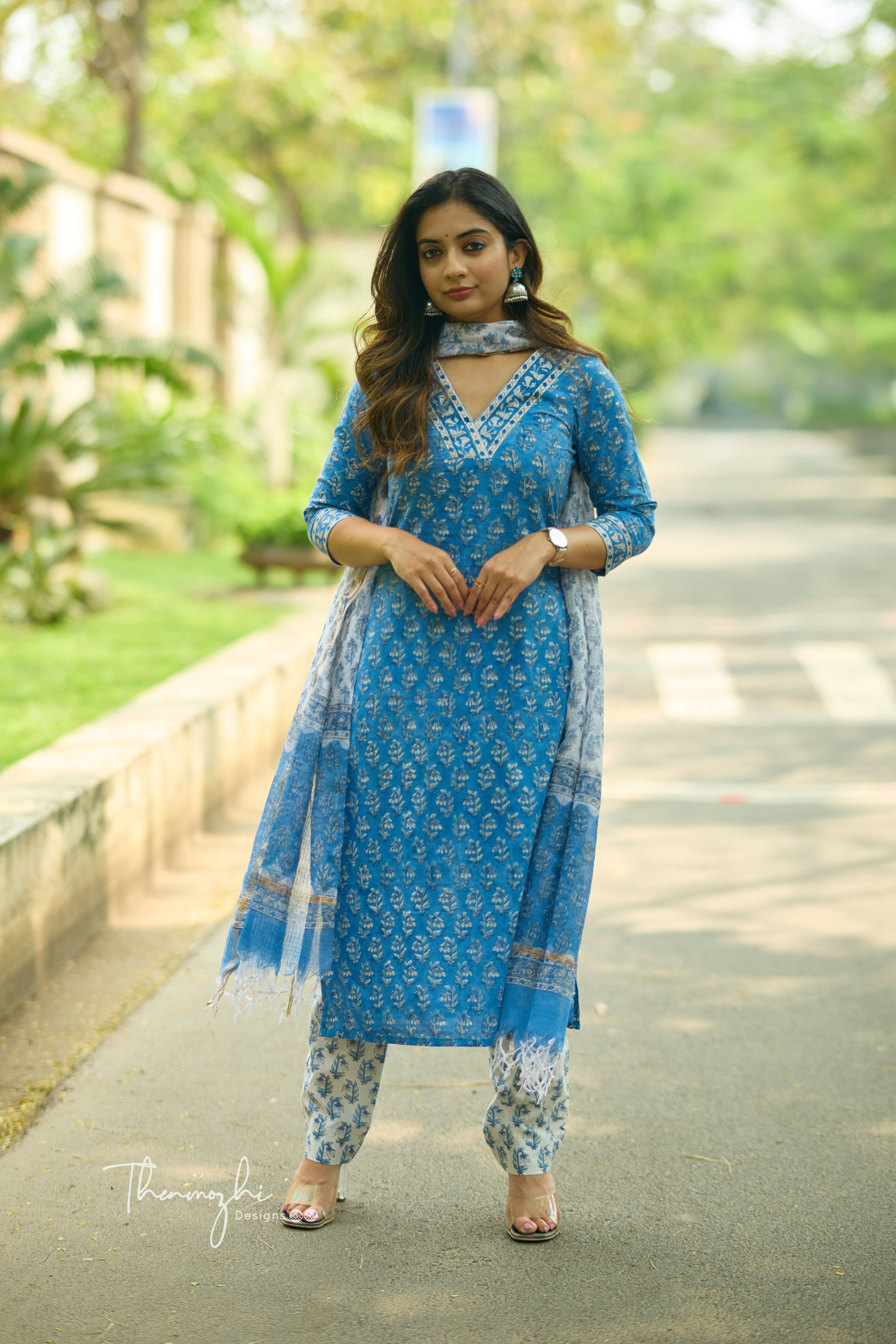 Blue - Cotton Suit Set With Cotton Dupatta