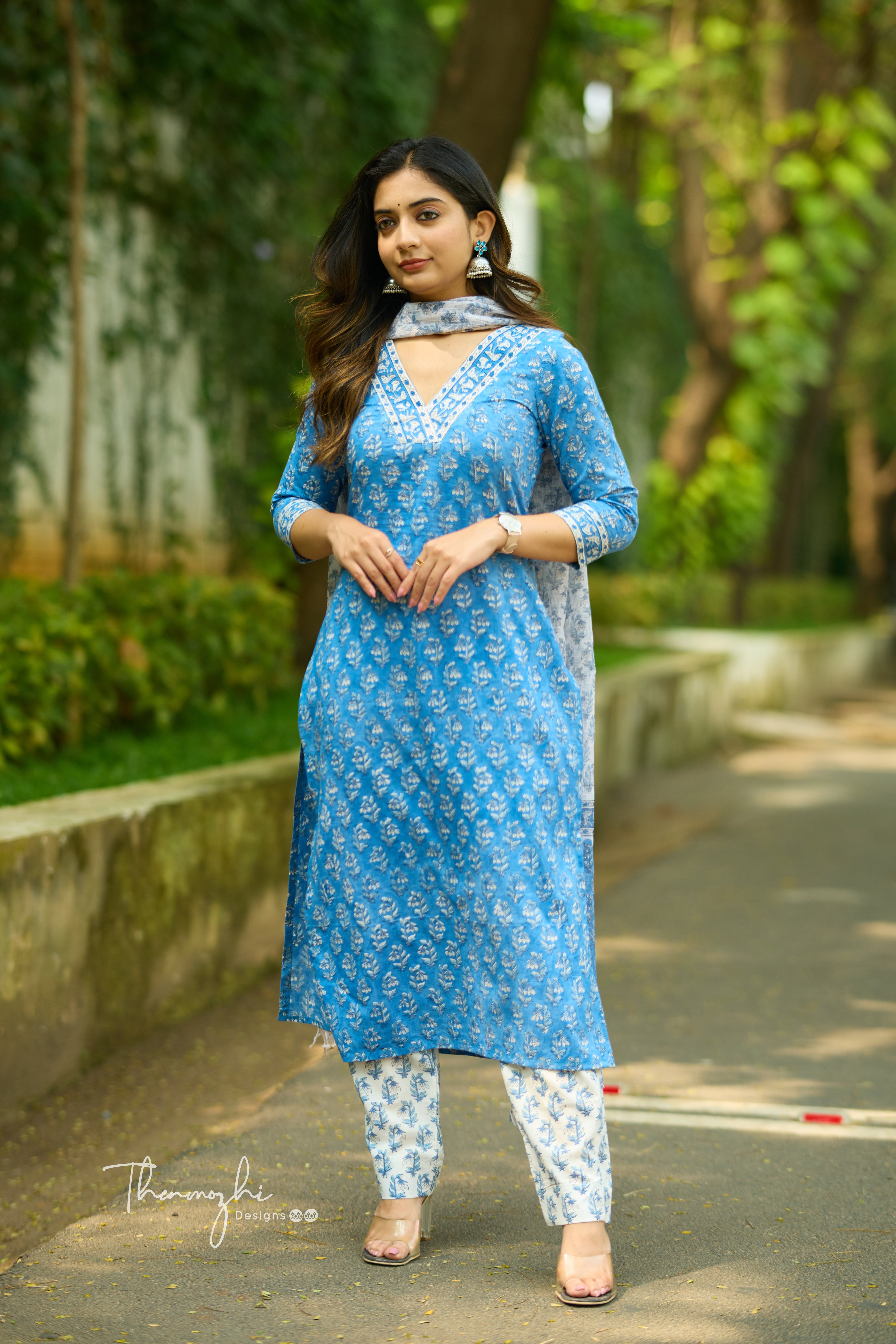 Blue - Cotton Suit Set With Cotton Dupatta