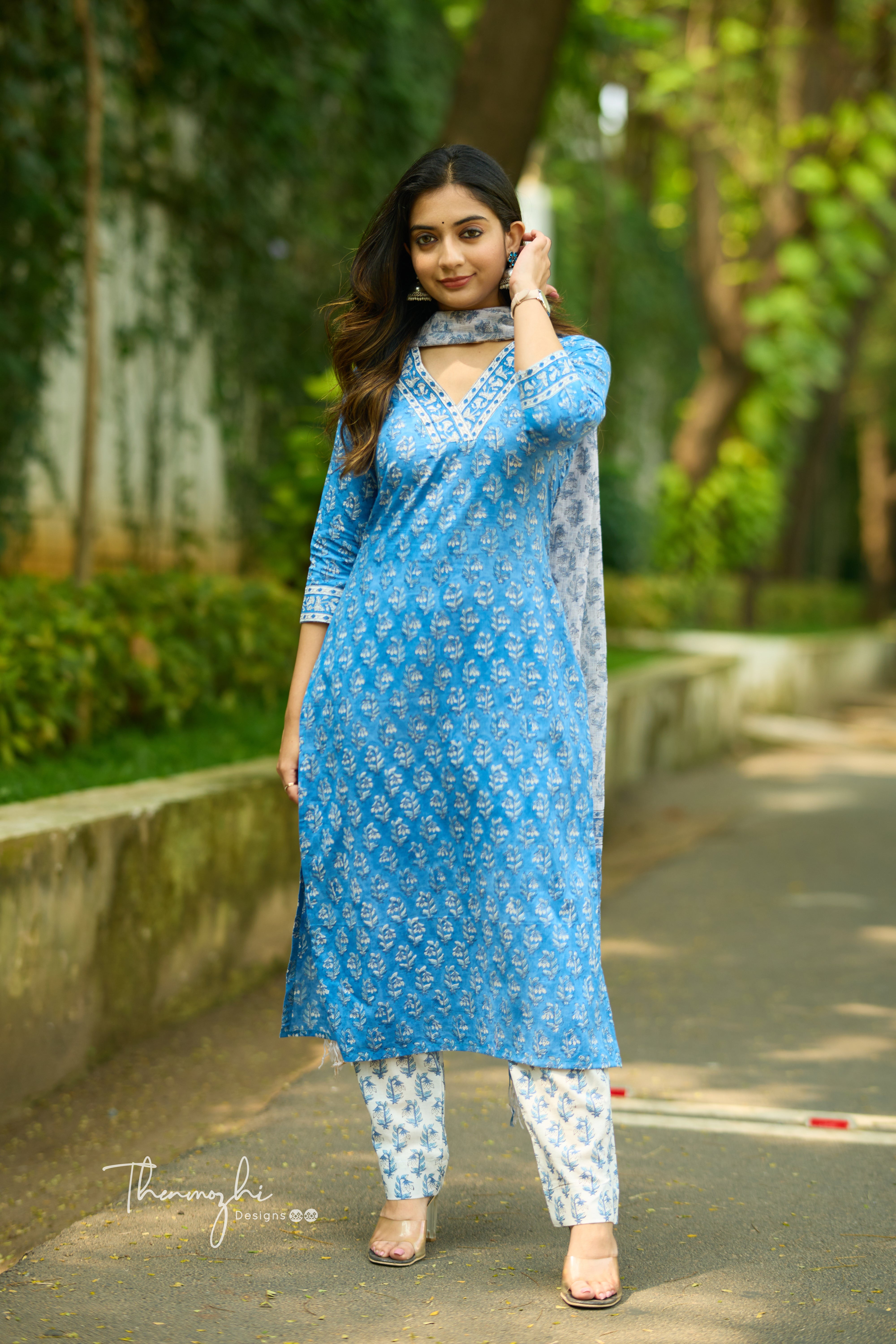 Blue - Cotton Suit Set With Cotton Dupatta