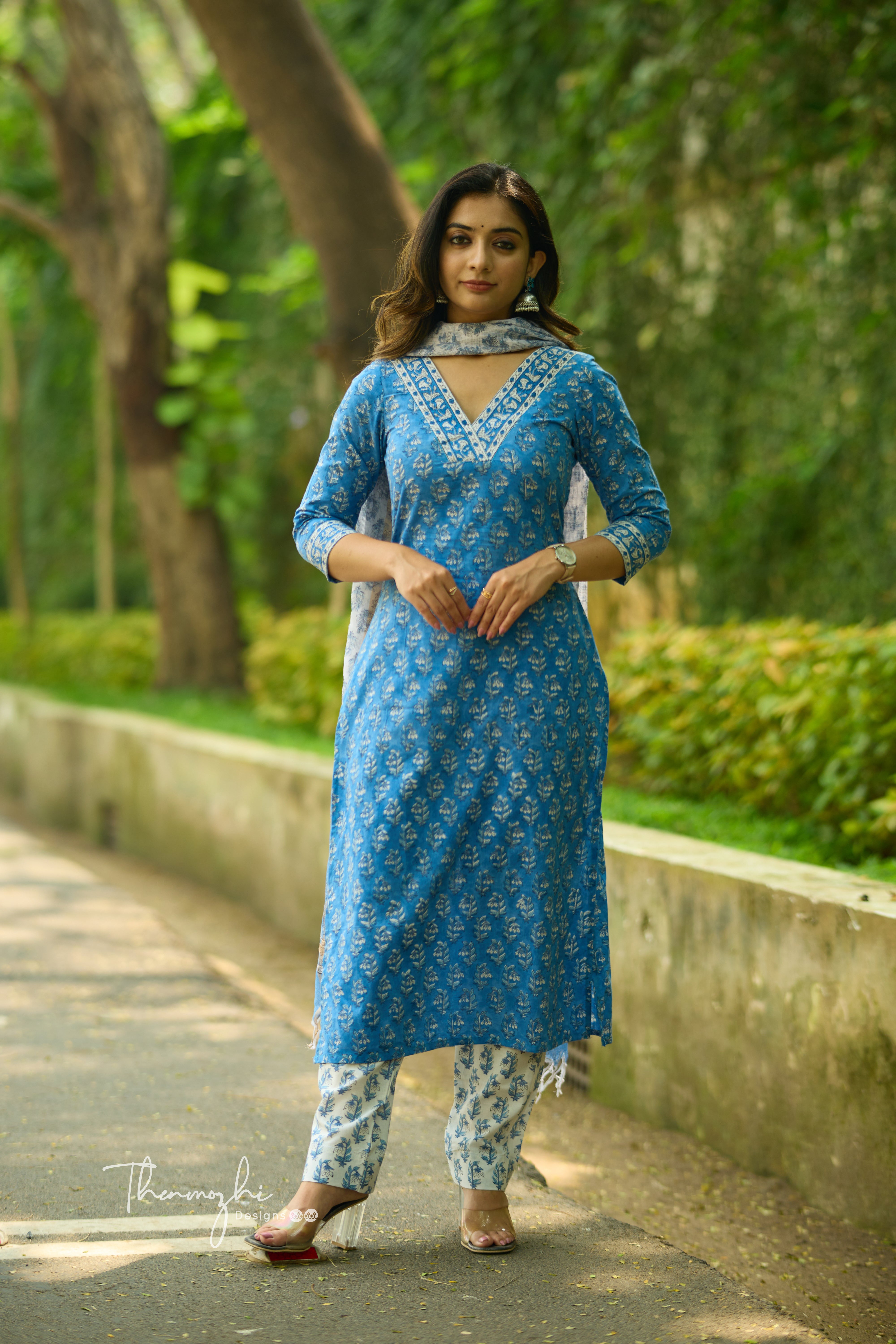 Blue - Cotton Suit Set With Cotton Dupatta