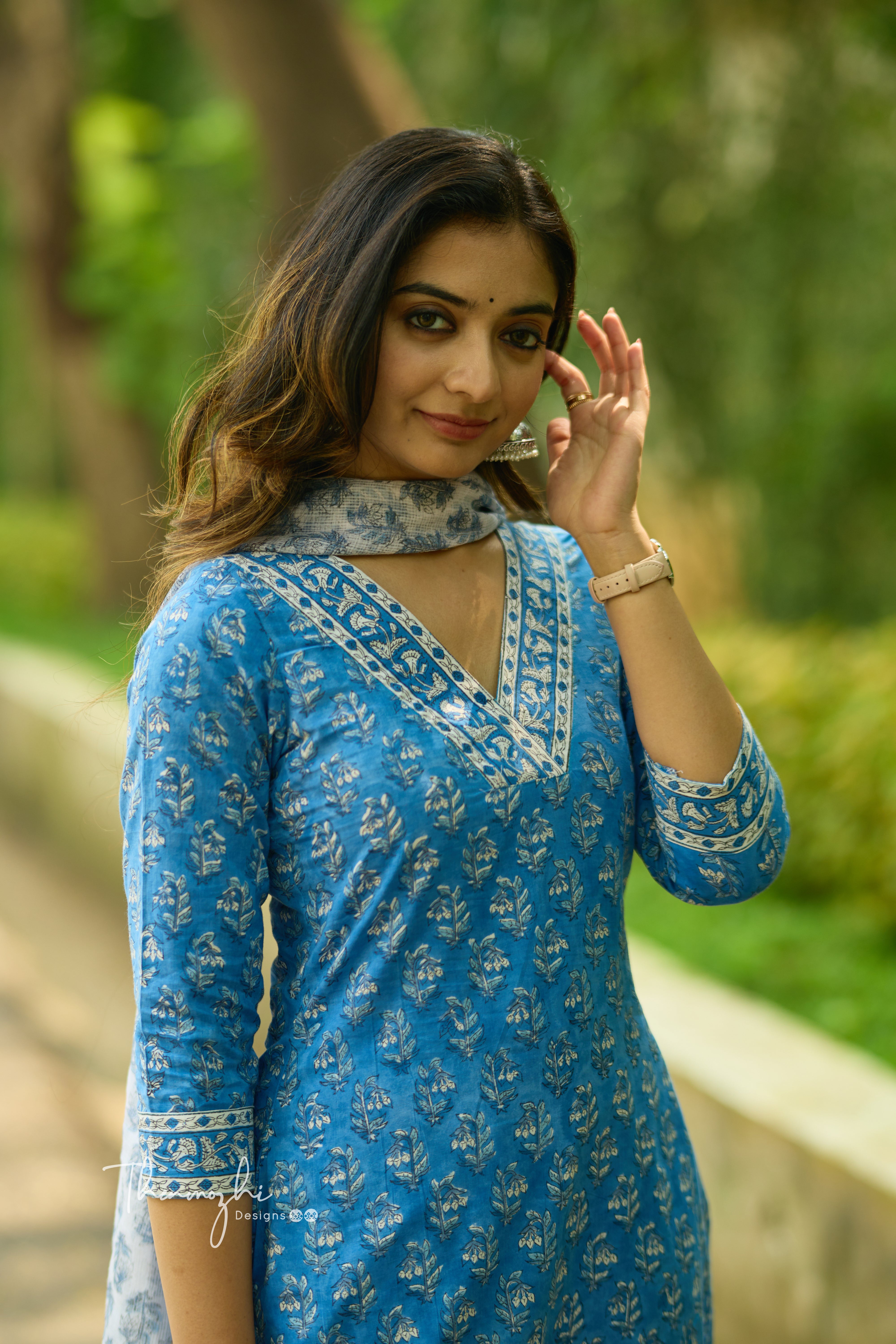 Blue - Cotton Suit Set With Cotton Dupatta