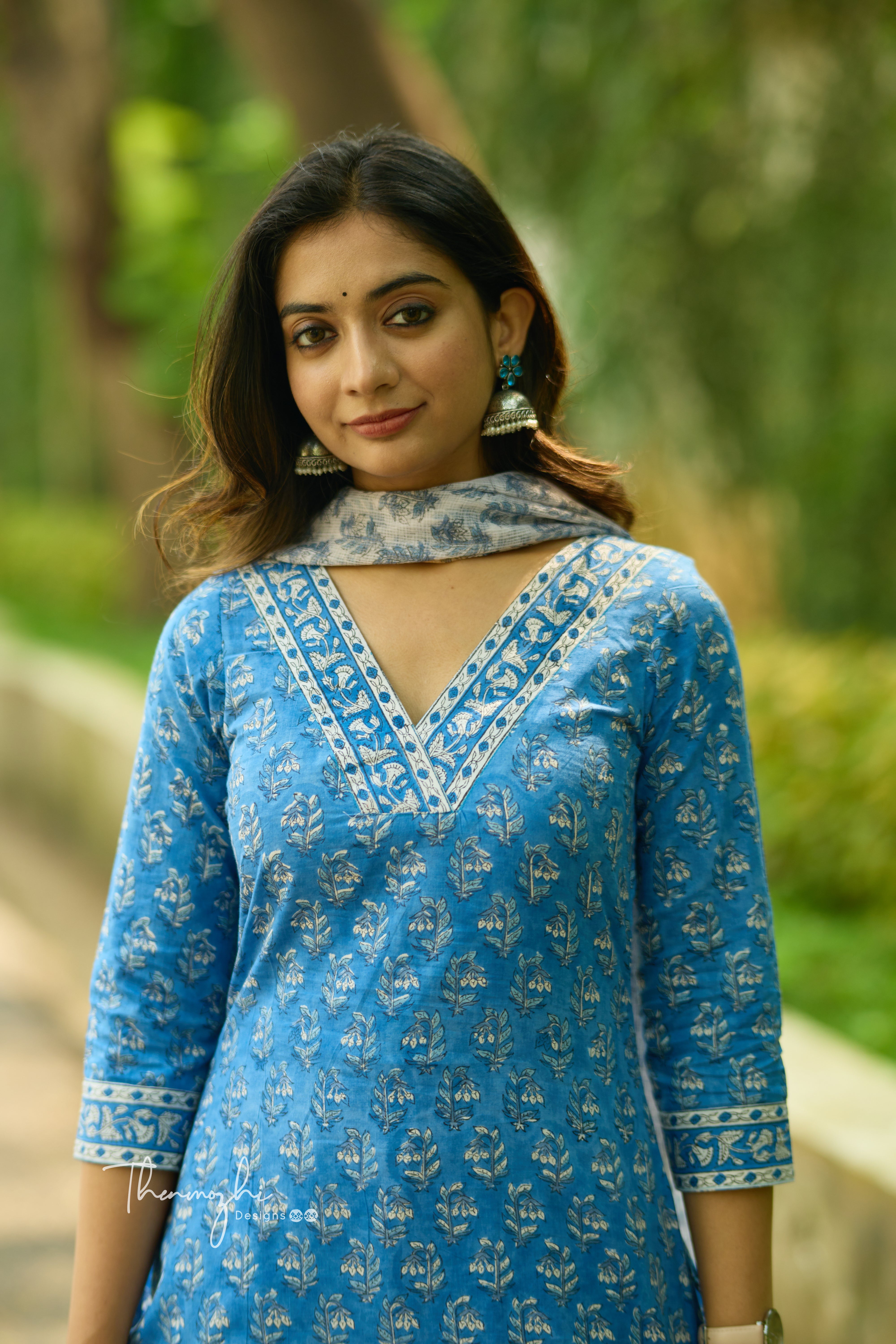 Blue - Cotton Suit Set With Cotton Dupatta