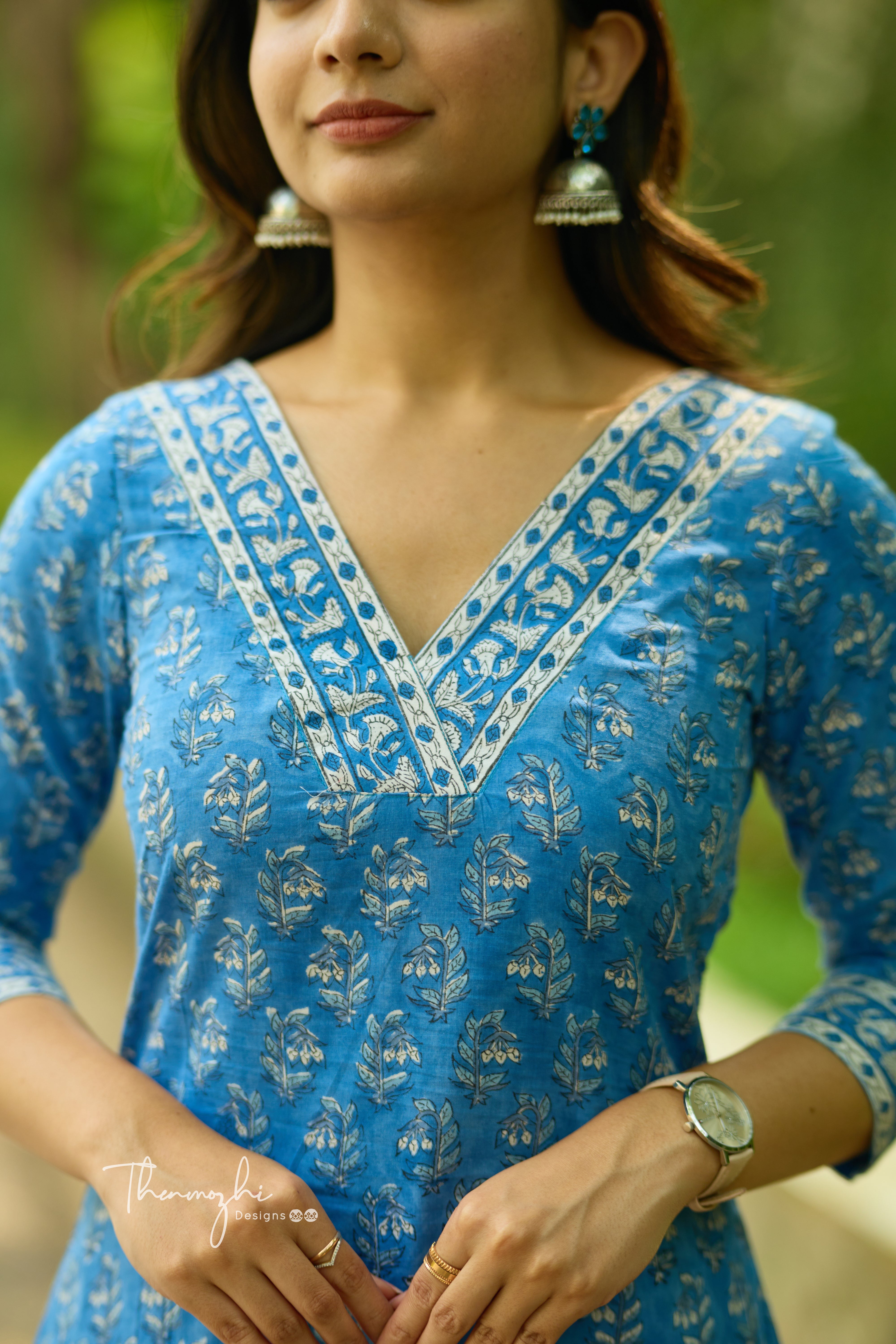 Blue - Cotton Suit Set With Cotton Dupatta