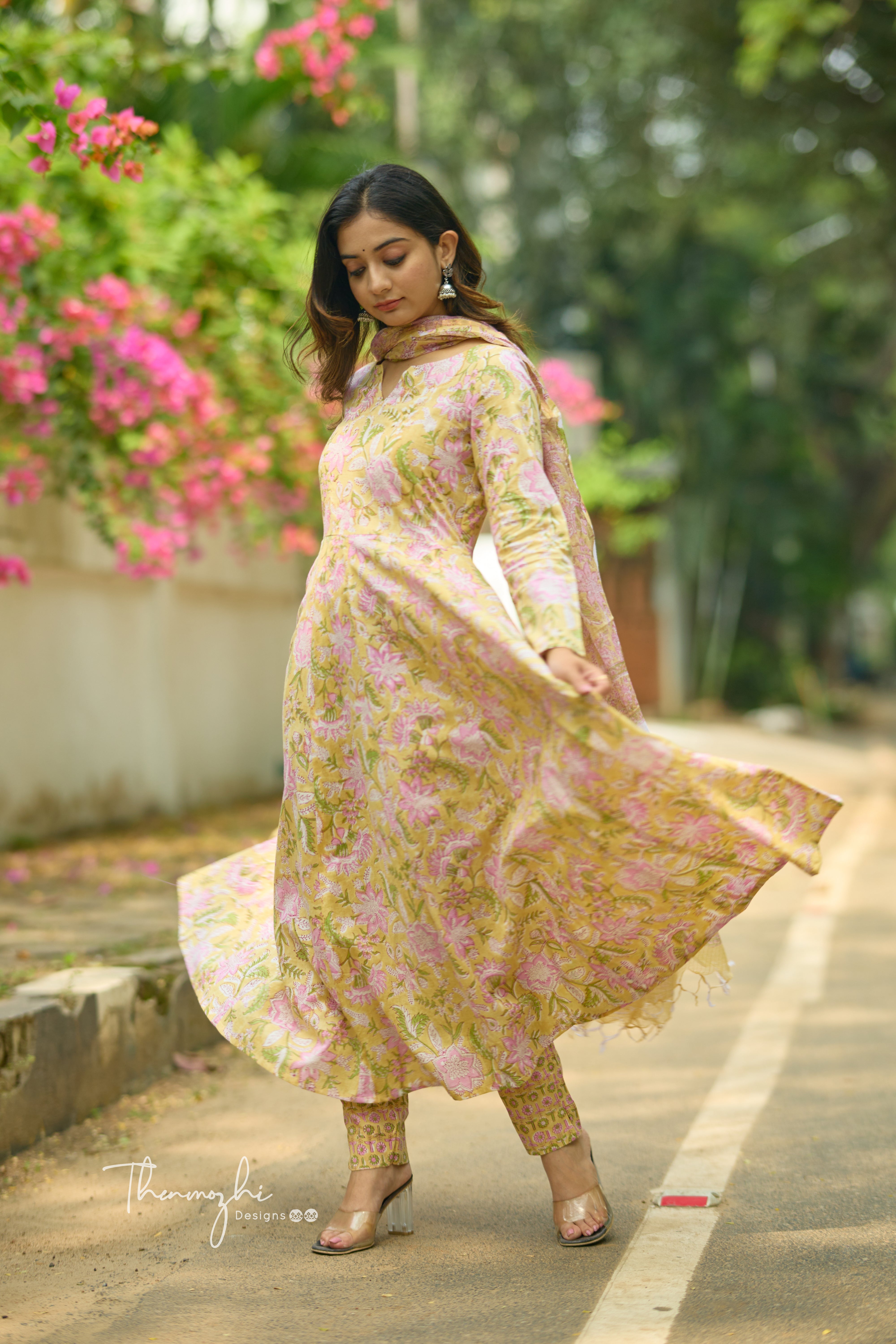 Pastel Yellow Anarkali - Cotton Suit Set With Kota Dupatta