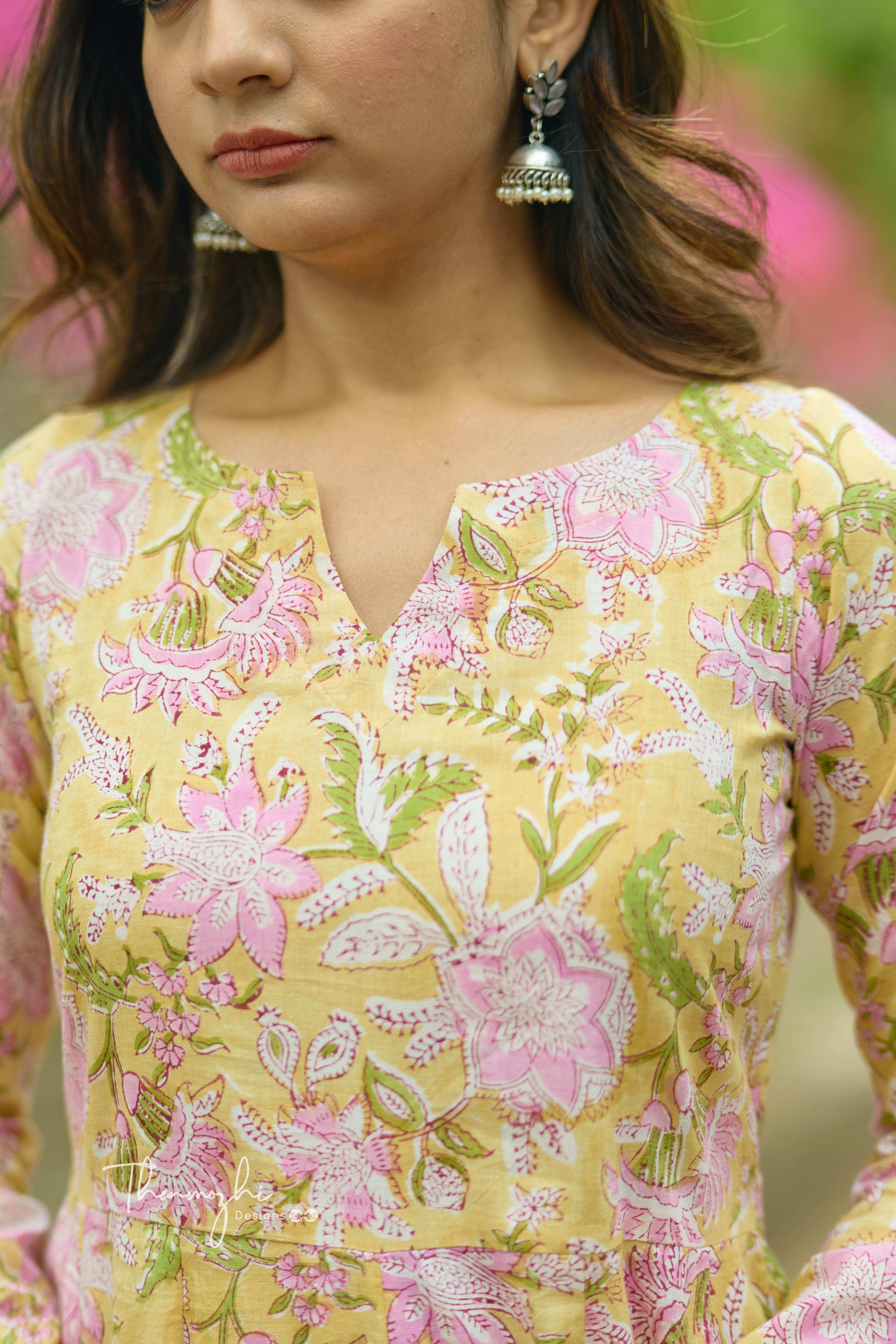 Pastel Yellow Anarkali - Cotton Suit Set With Kota Dupatta