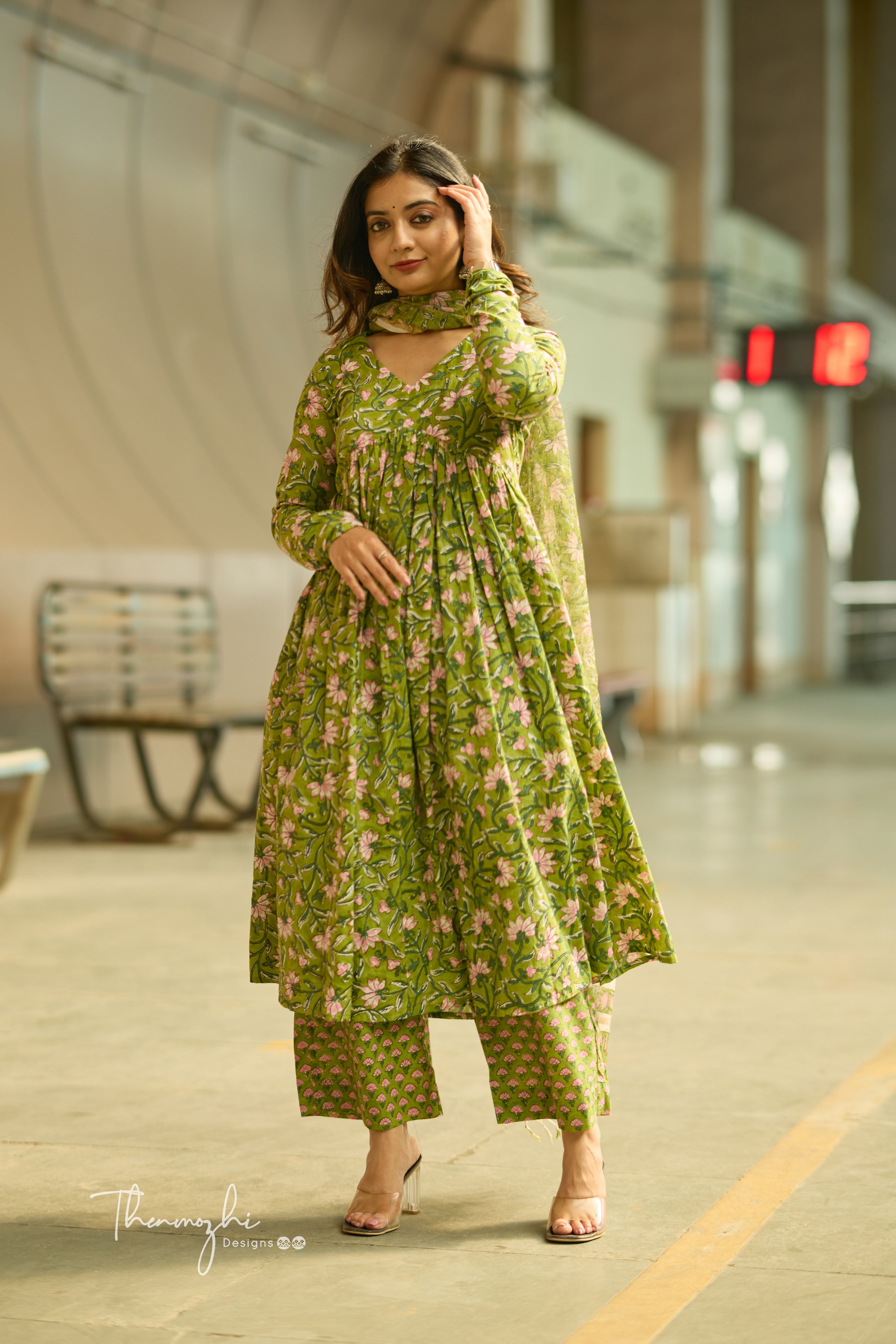 Light Green Alia Cut - Cotton Suit Set with Kota Dupatta