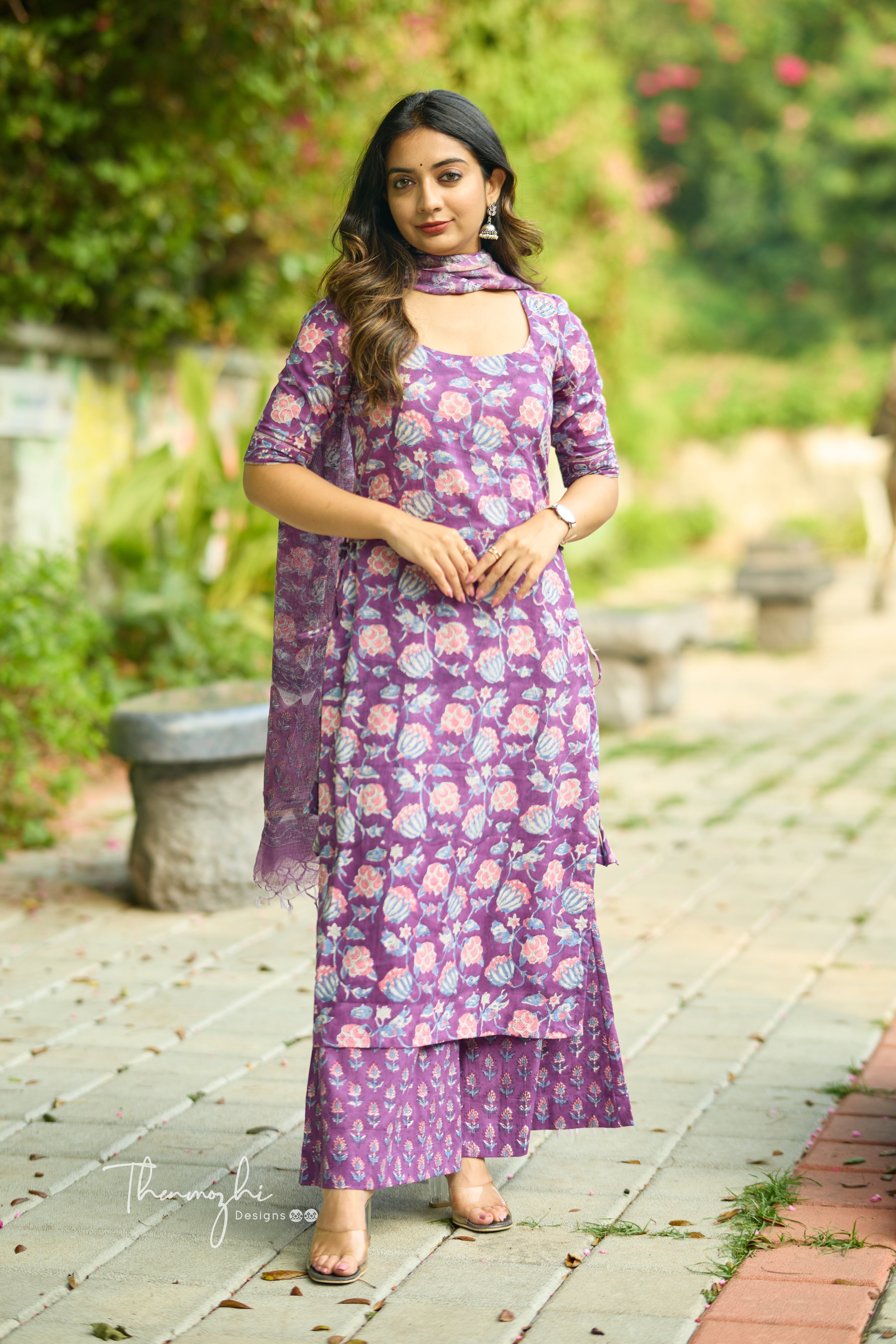 Purple - Cotton Suit Set with Kota Dupatta