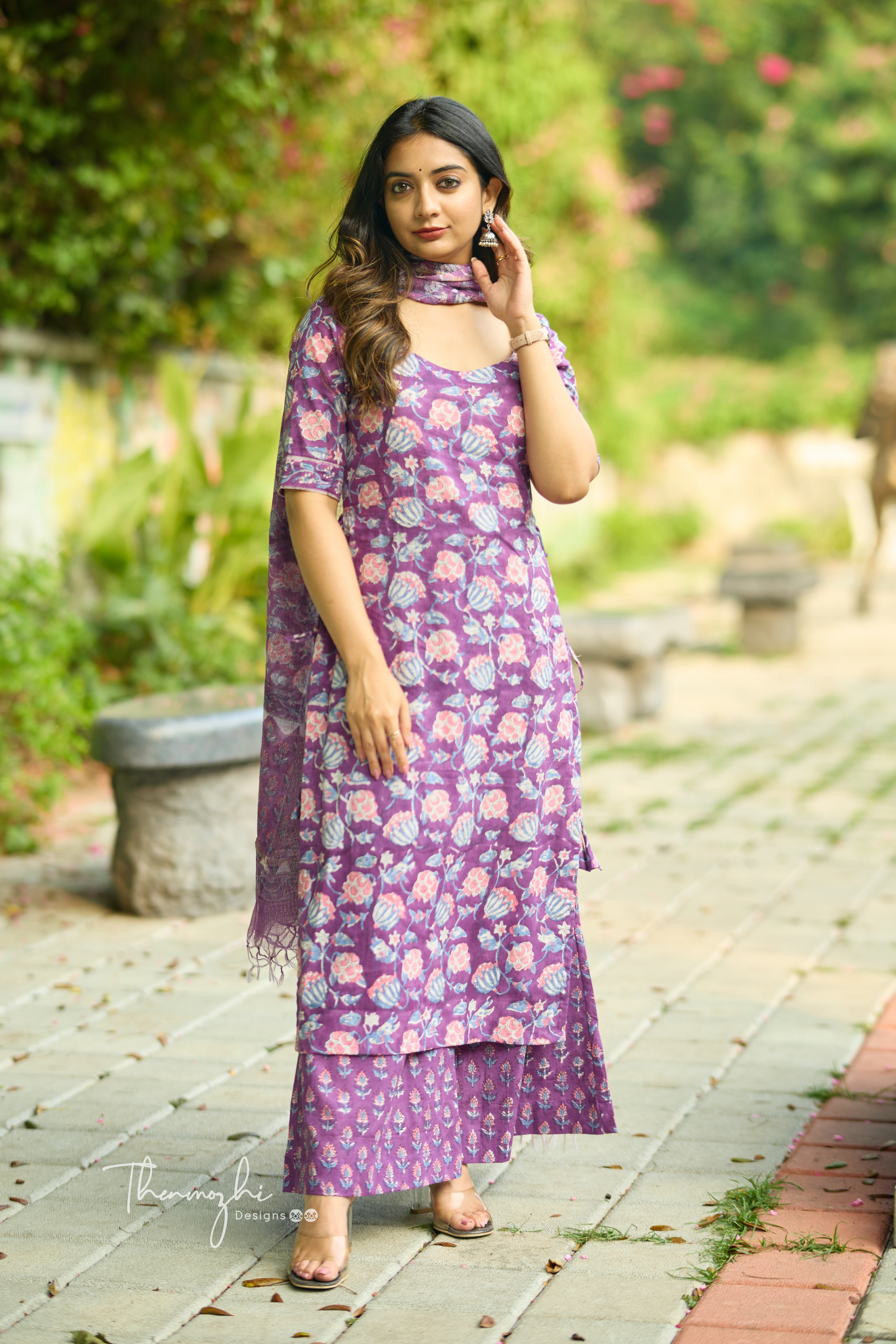 Purple - Cotton Suit Set with Kota Dupatta